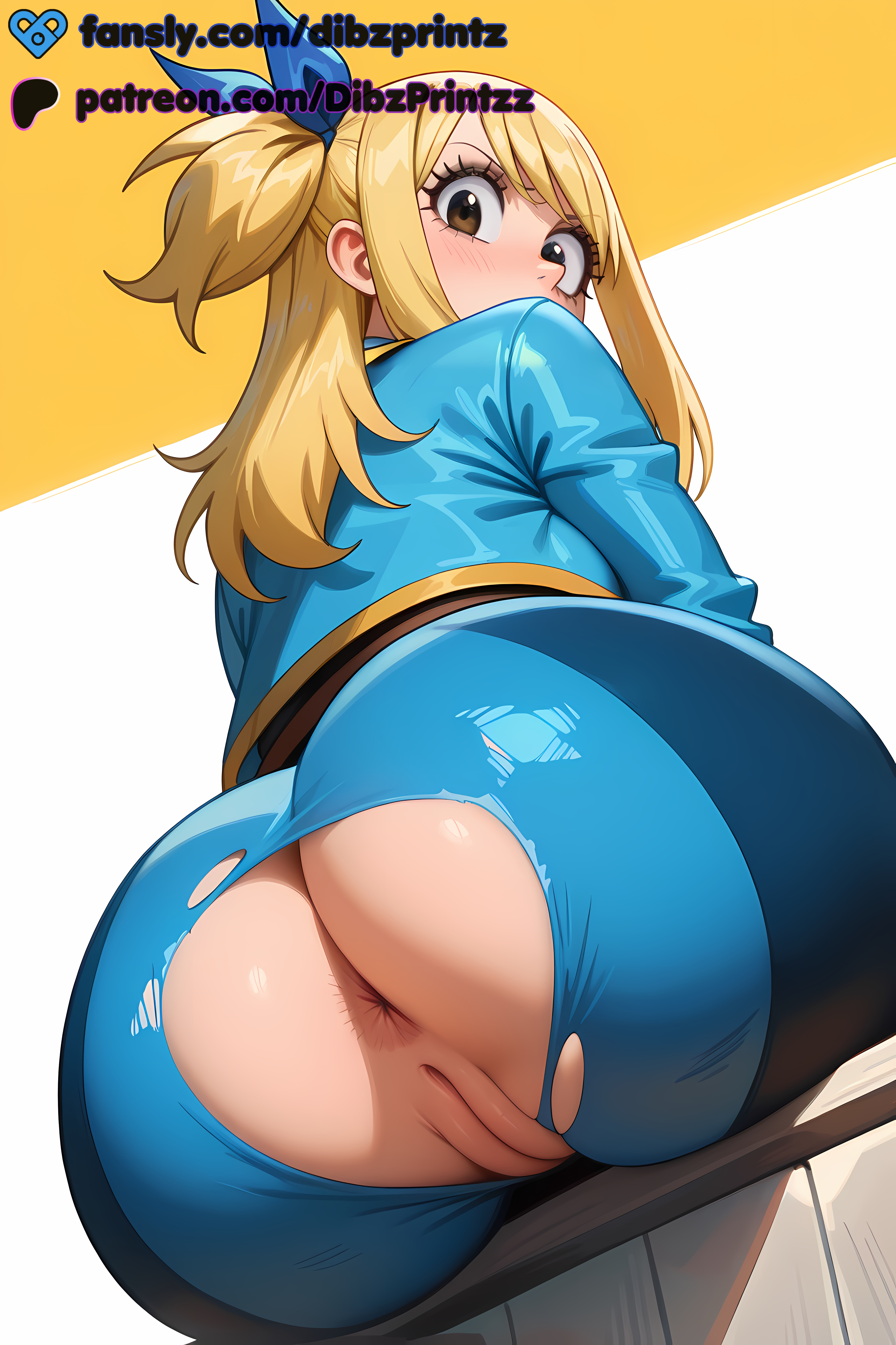 1girls, ai, ai assisted, ai generated, anime, anus, artist name, ass, ass focus, blonde hair, blonde-haired female, blue bodysuit, blue ribbon, blush, bodysuit, brown eyes, dibzprintz, english text, fairy tail, fansly, female, from behind, from below, hair ribbon, hi res, high quality, high resolution, highres, long hair, looking at viewer, looking back, lucy heartfilia, no panties, one side up, pants, patreon logo, patreon username, pussy, ribbon, sitting, solo, torn clothes, torn pants, two-tone background, uncensored, watermark, web address, yellow background