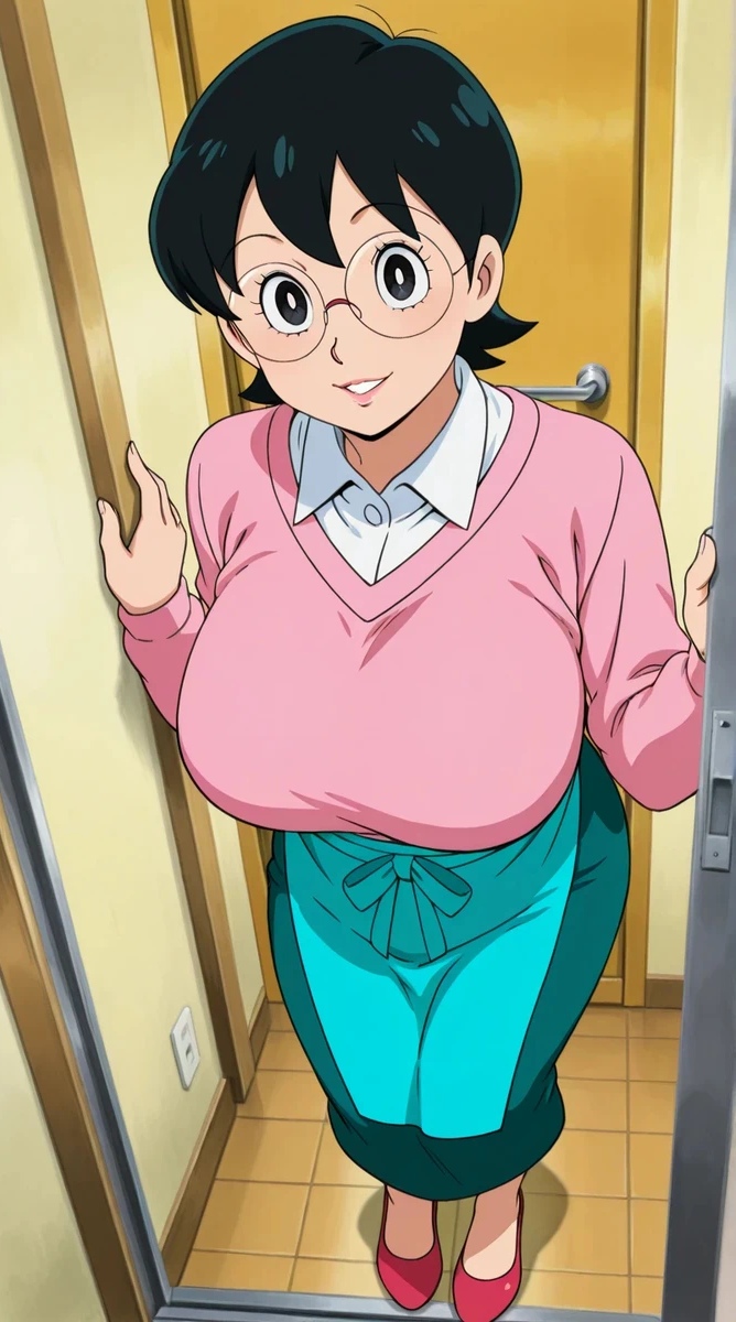 1girls, ai generated, big breasts, breasts, busty female, clothed, clothed female, curvy figure, doraemon, female, female only, glasses, happy, housewife, milf, tamako nobi, wide hips