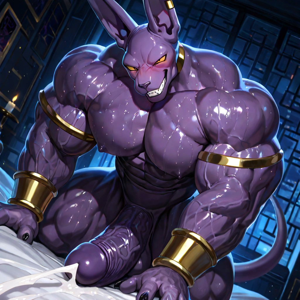 abs ai_generated anthro bed beerus blush cum cute dragon_ball haishito huge_ass huge_balls huge_cock jewelry male muscular muscular_male night pecs penis sweat