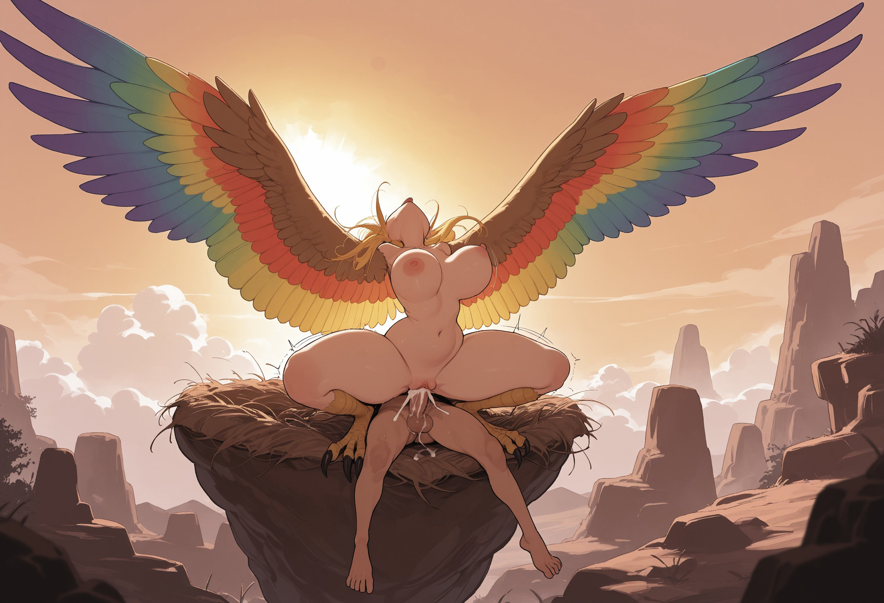 1boy, absurdres, ai generated, bird legs, blonde hair, bouncing breasts, breasts, cliff, cloud, completely nude, cum, cum in pussy, cum overflow, dsp, feathered wings, female, female orgasm, harpy, head back, highres, large breasts, male, metadata request, monster girl, motion lines, navel, nipples, nude, orgasm, original, outdoors, penis, pussy, reverse cowgirl position, self-upload, sex, sky, spread wings, straddling, straight, sun, sunset, tongue, tongue out, unaligned breasts, uncensored, vaginal penetration, wai-nsfw-illustrious-sdxl, wide shot, winged arms, wings