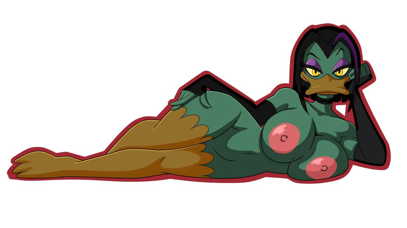 anthro, areolae, arm sleeves, big breasts, black hair, breast press, breasts, busty, choker, disney, duck, ducktales, ducktales (2017), eyeshadow, female, female only, green feathers, large breasts, lordstevie, magica de spell, mascara, nipples, nude, pinup, pose, posing, solo, thick thighs, wide hips