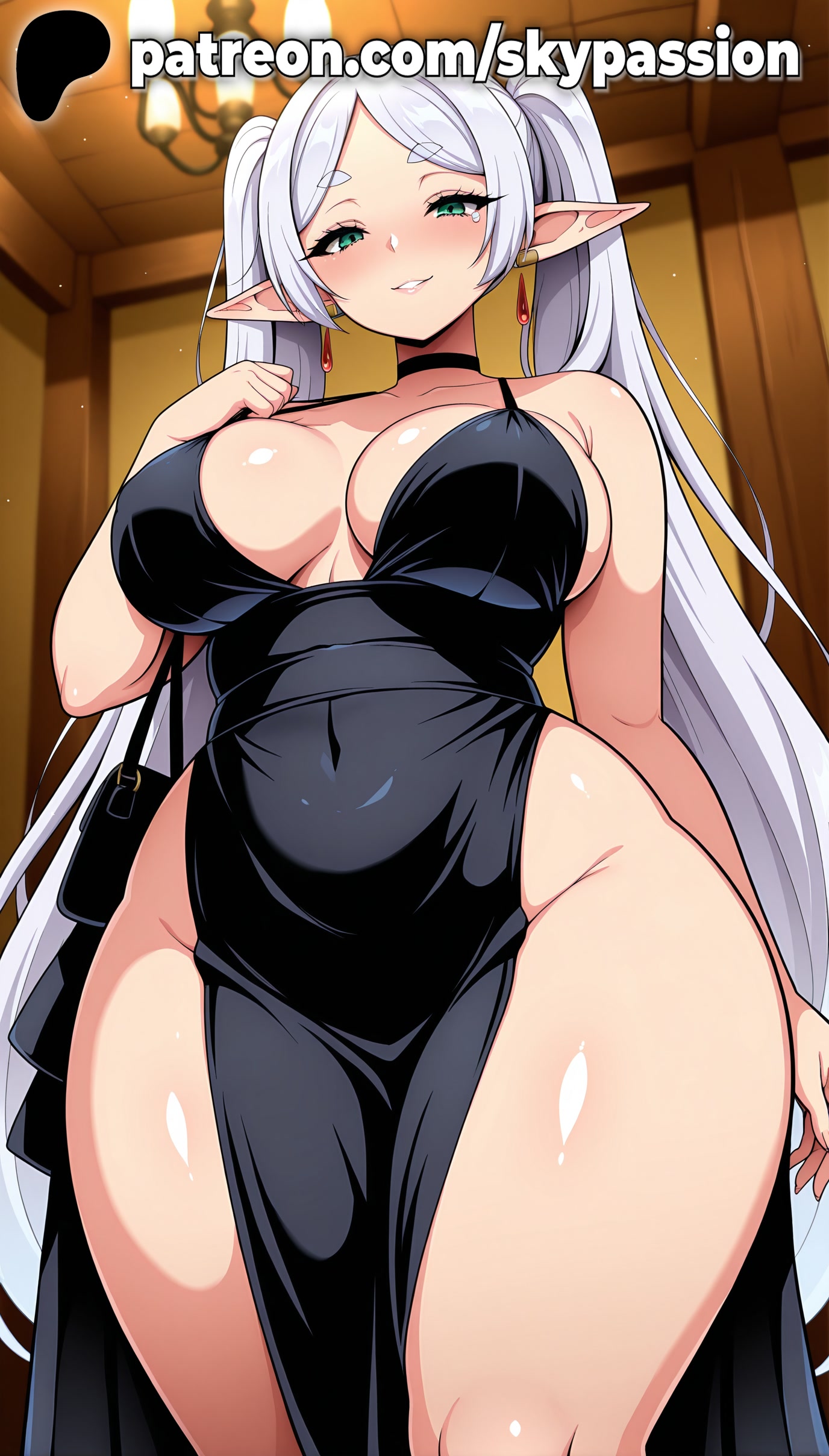 1girls, 2025, ai assisted, ai generated, anime, artist name, bag, bare shoulders, big breasts, big chest, black dress, braless, breasts, bust, busty, chest, clothed female, covered navel, dark elf, dress, earrings, elf, elf ears, female, female focus, female only, frieren, frieren beyond journey's end, from below, green eyes, half-closed eyes, hi res, high quality, high resolution, highres, indoors, jewelry, large breasts, long hair, looking at viewer, no bra, no panties, patreon, patreon username, pointy ears, skypassion, smile, solo, sousou no frieren, stable diffusion, thick thighs, thighs, very long hair, watermark, white hair, wide hips