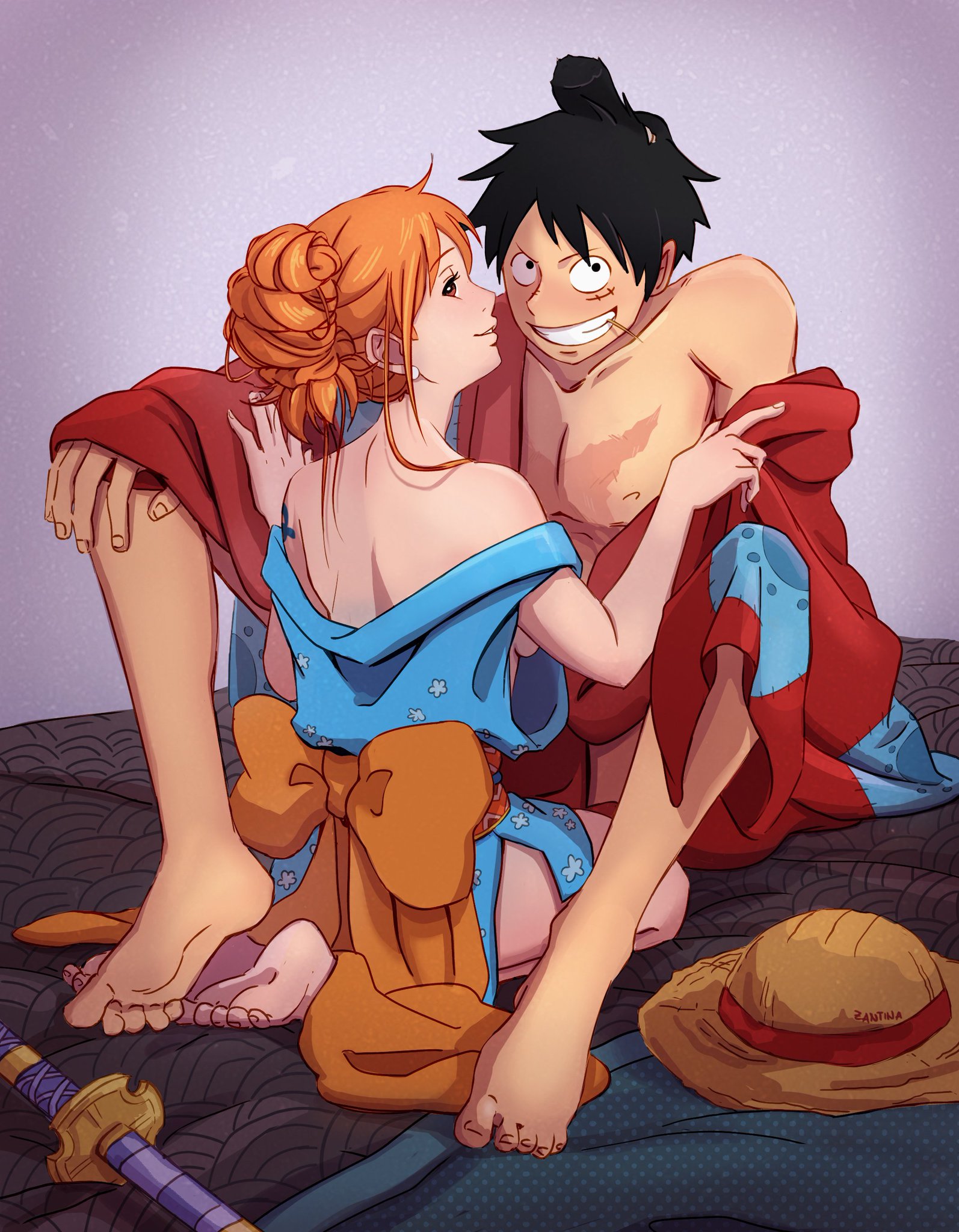 1boy, 1girls, arm tattoo, back, back view, barefoot, before sex, black hair, black-haired male, blue tattoo, breasts, clothing, color, female, female/male, hair tied, japanese clothes, japanese clothing, male, male/female, monkey d luffy, nami (one piece), one piece, orange hair, orange-haired female, post-timeskip, removing clothing, scar, sideboob, sword, tattoo, thighs, toothpick, wano country, wholesome, zantinaa