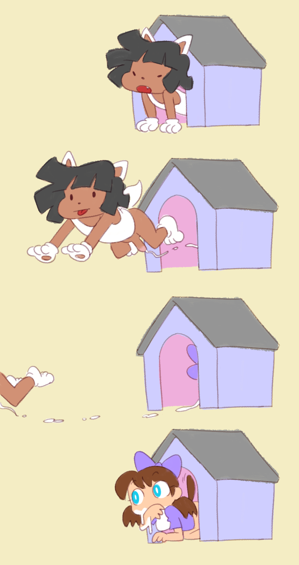 :p, 1boy, 1girls, 4 panel comic, after sex, bibi (nebularts), bottomless, bowtie, comic, cum, dark skin, dark-skinned femboy, dark-skinned male, dark-skinned sissy, dark-skinned twink, doghouse, female, femboy, implied oral, implied sex, male, minus8, minus8 (character), on fours, original, pawpads, paws, simple background, simple face, straight, tagme, wiping mouth