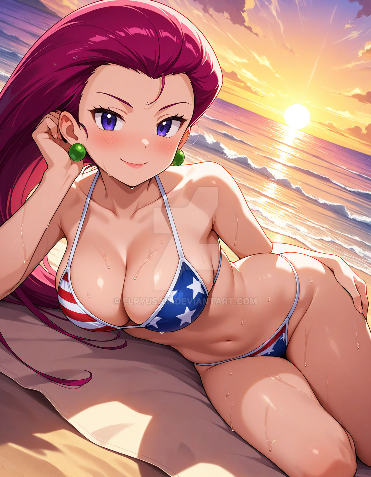 2025, 4kids entertainment, ai generated, american flag bikini, anime, beach, belly, clouds, deviantart, drawing, elryusam, female, green earrings, jessie (pokemon), looking at viewer, meta, nintendo, not porn, orange cheeks, orange lipstick, pink hair, pokemon, purple eyes, sky background, smile at viewer, smiling at viewer, sun, sunlight, sunlight rays, sunset, team rocket, tummy, wet bikini, wet body, wet skin, wetting swimsuit