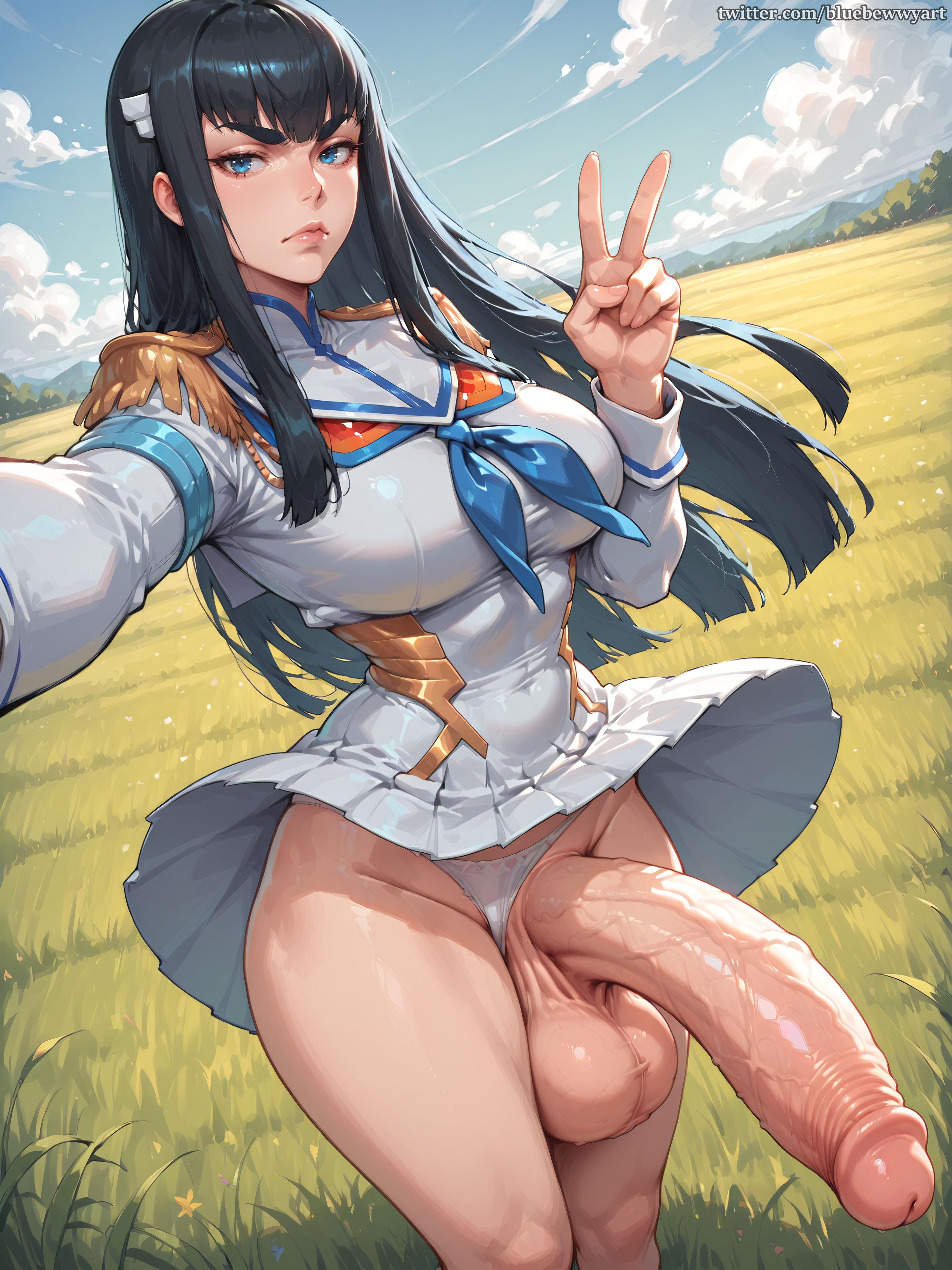 1futa, 1girls, ai generated, balls, big penis, black hair, blue eyes, bluebewwy, bottomless, breasts, clothed, day, erection, eyebrows, female, frown, futa only, futanari, grass, huge cock, intersex, kill la kill, kiryuuin satsuki, large breasts, lips, long hair, looking at viewer, outdoors, panties, panties aside, peace sign, penis, selfie, skirt, skirt lift, solo, standing, testicles, thick thighs, veiny penis