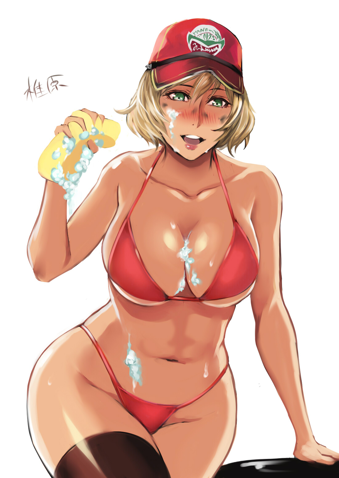 1girls, big breasts, bikini, blonde hair, blush, breasts, bubbles, cindy aurum, cleavage, female, female only, final fantasy, final fantasy xv, green eyes, hat, huge breasts, large breasts, looking at viewer, open mouth, red bikini, shibusun, short hair, smile, sponge, swimsuit, thick thighs, toned, toned female