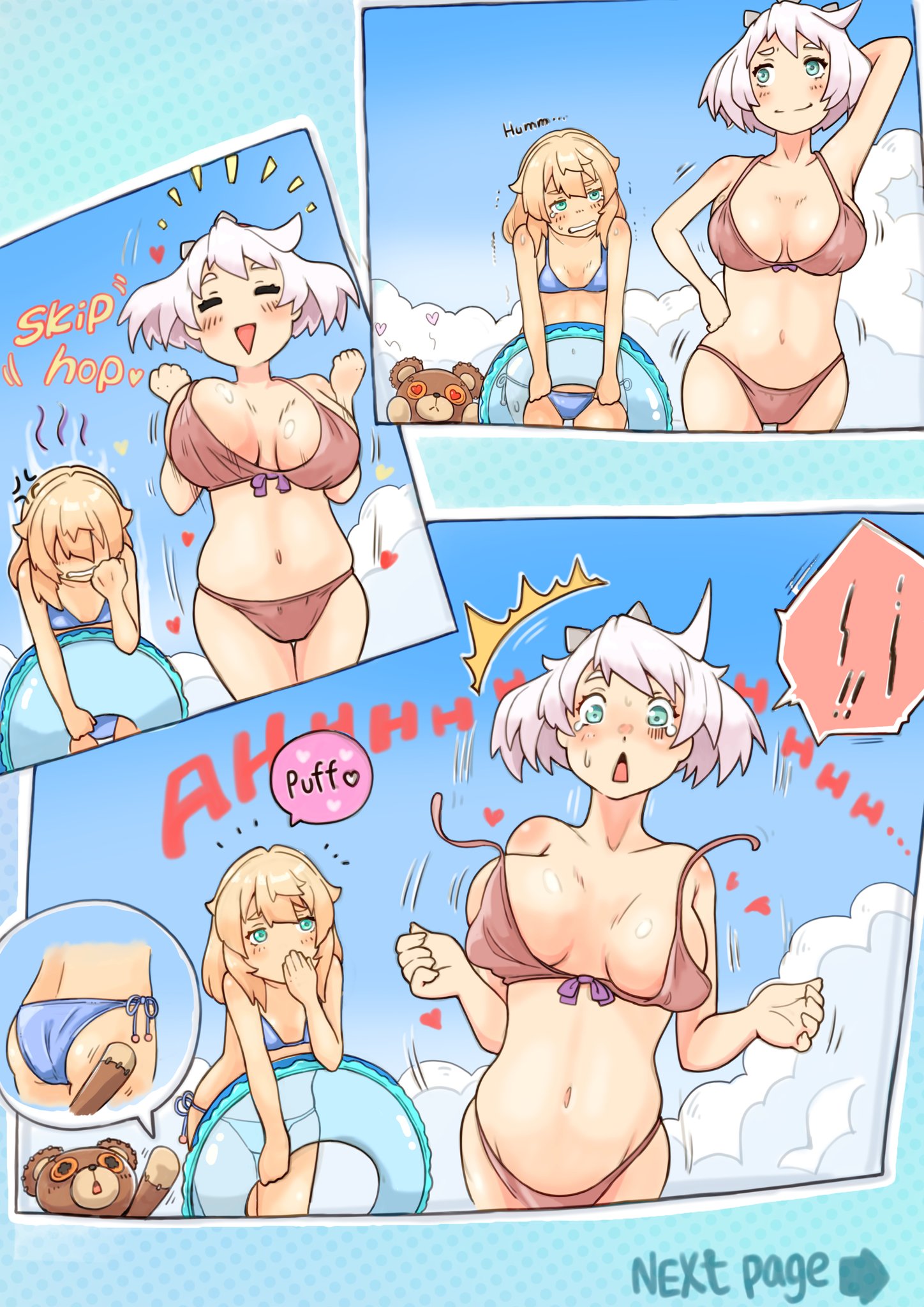 2girls, age difference, androgynous, bikini, blonde hair, breasts, bridget, elphelt valentine, embarrassed, female, green eyes, guilty gear, heart, no nudity, roger (guilty gear), sugag, tagme, teddy bear, teenager, trans, trans woman, transfem, transgender, transgender woman, wardrobe malfunction, white hair