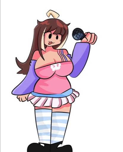 big_breasts big_breasts blonde_hair blue_thighhighs brown_hair friday_night_funkin friday_night_funkin_mod holding_microphone long_hair microphone open_mouth qt_(friday_night_funkin) skirt thighhighs white_background white_skirt white_thighhighs