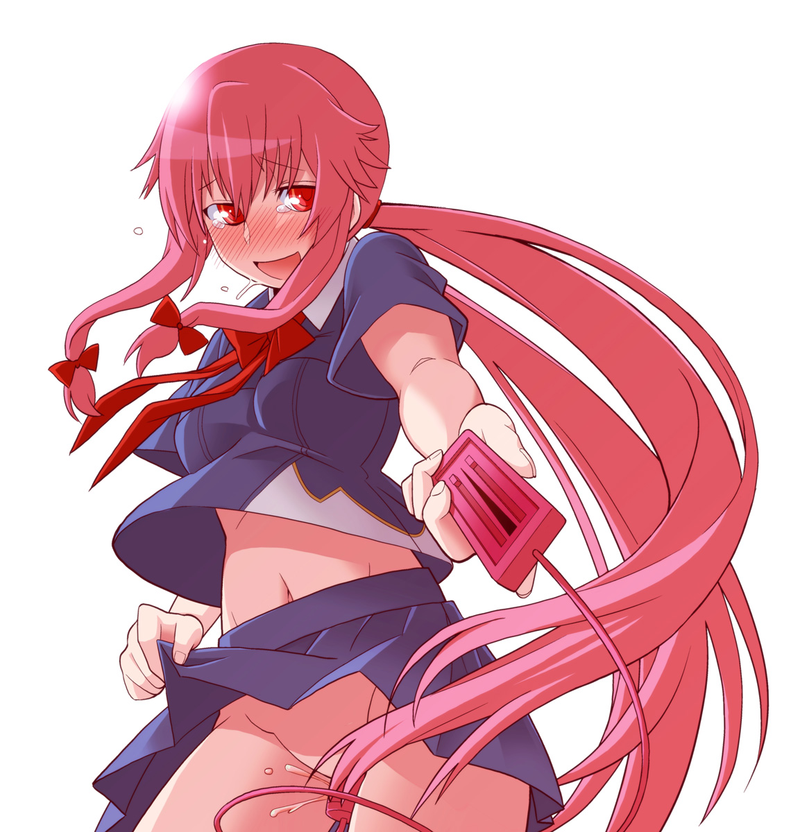 1girls, blush, bow, censored, convenient censoring, dildo, female, female only, gasai yuno, glaring, hairbow, highres, long hair, midriff, mirai nikki, navel, no panties, open mouth, pink hair, ponytail, pussy, pussy juice, red eyes, saliva, school uniform, skirt, skirt lift, smile, solo, soratobu zippo, standing, tear, tied hair, twintails, vaginal insertion, very long hair, vibrator