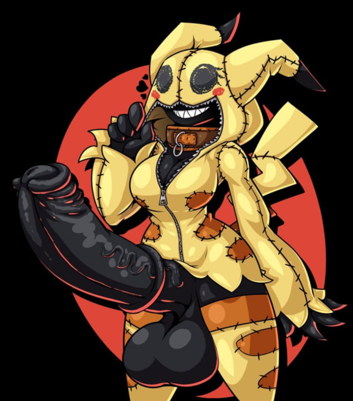 1futa, 1girls, alternate version available, black body, collar, dick, fan character, female, futanari, gigantic penis, heart, heart symbol, horse penis, horsecock, huge cock, intersex, limebreaker, mimikyu, original, original character, penis, pokemon, tagme, thick thighs, trixie (jarsti weebston)