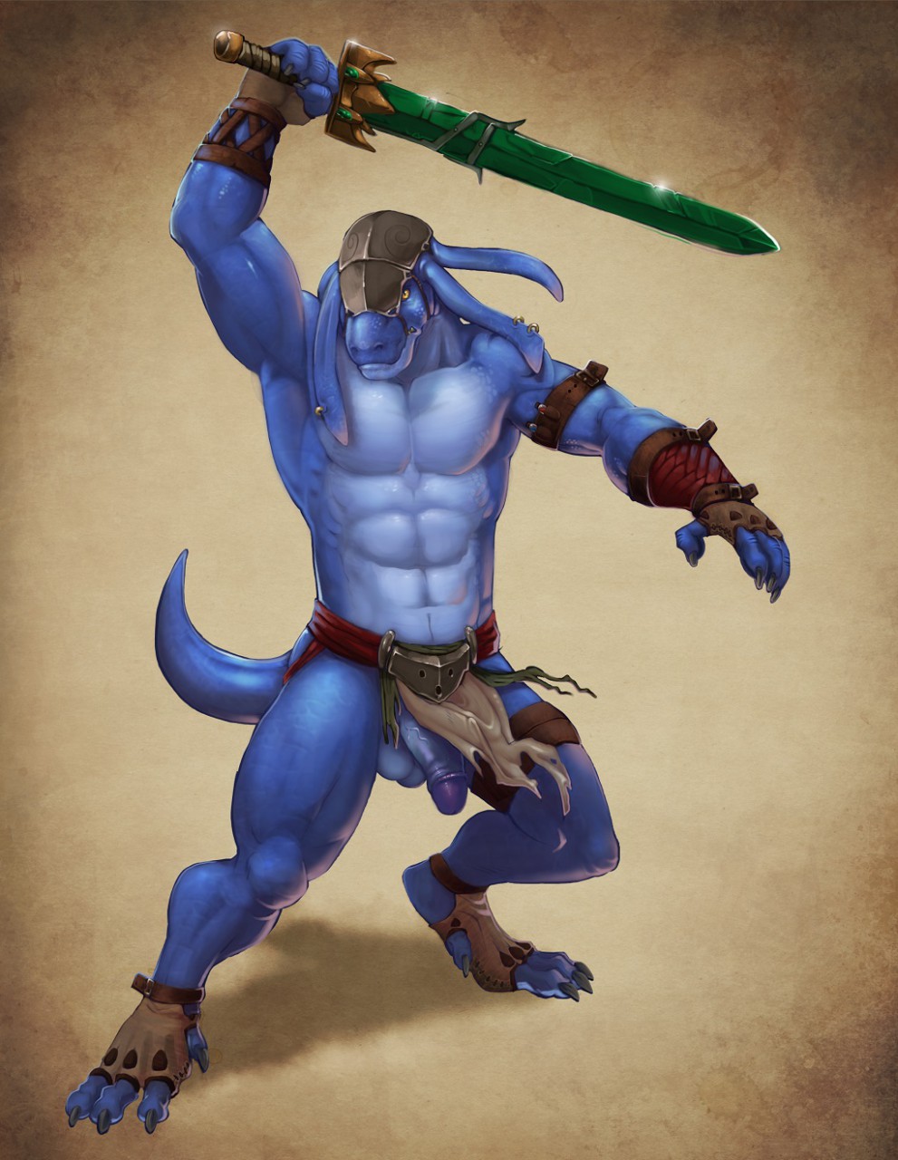 2015 abs badcoyote balls bangaa blue_skin clothing final_fantasy full-length_portrait full_length gloves loincloth male male_only muscles pecs penis portrait scalie solo standing sword thrakos video_games weapon yellow_eyes