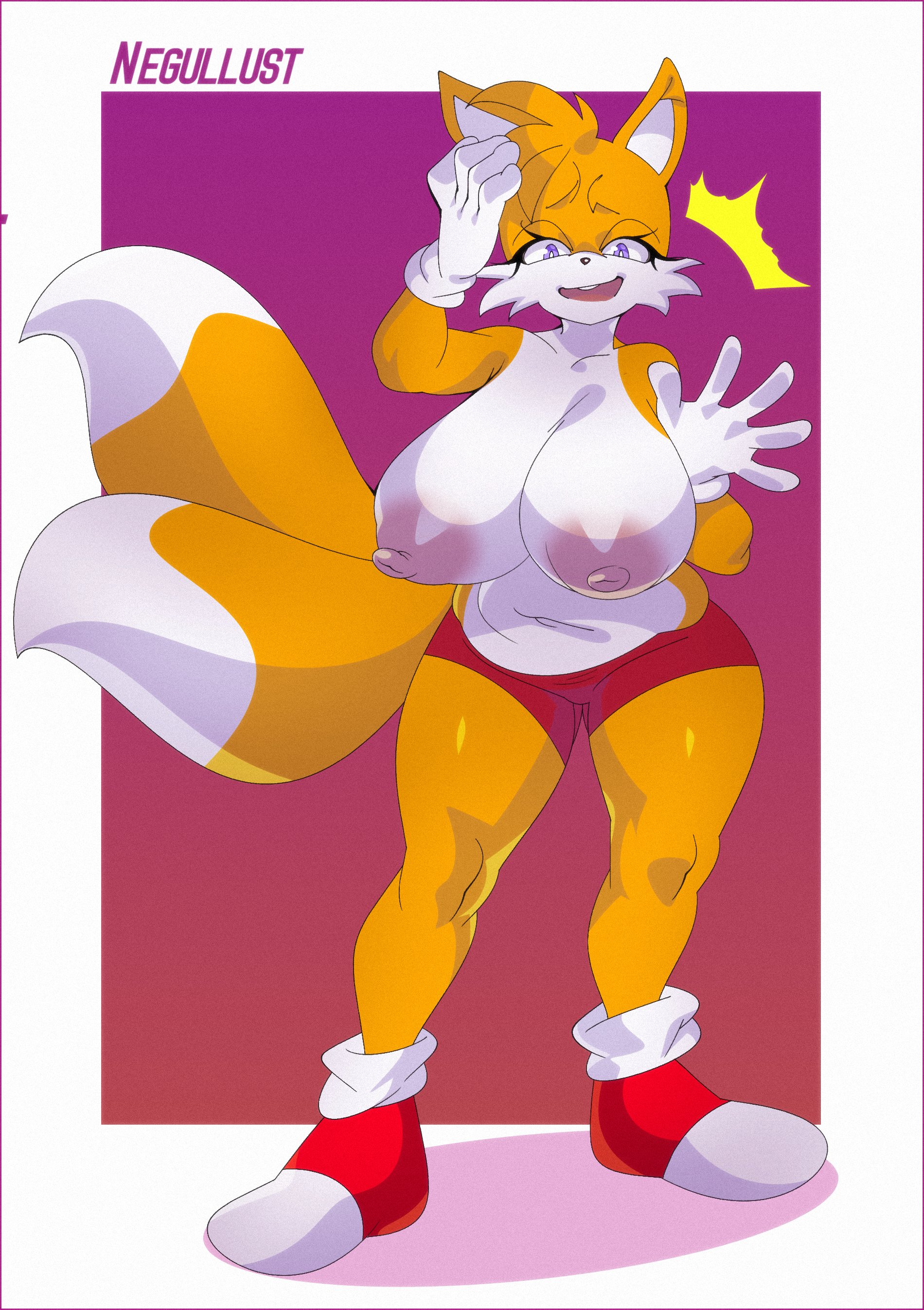 2022, absurd res, anthro, areola, big breasts, bottomwear, breasts, canid, canine, clothing, digital media (artwork), eyelashes, female, female only, footwear, fox, fur, genderswap, genderswap (mtf), gesture, gloves, gradient background, handwear, hi res, mammal, miles prower, miles tails prower, mtf crossgender, mtf transformation, negullust, nipples, open mouth, purple eyes, rule 63, sega, shadow, shoes, shorts, signature, simple background, smile, solo, sonic (series), sonic the hedgehog (series), tail, tails, tails the fox, tailsko, transformation, waving, white body, white fur, yellow body, yellow fur