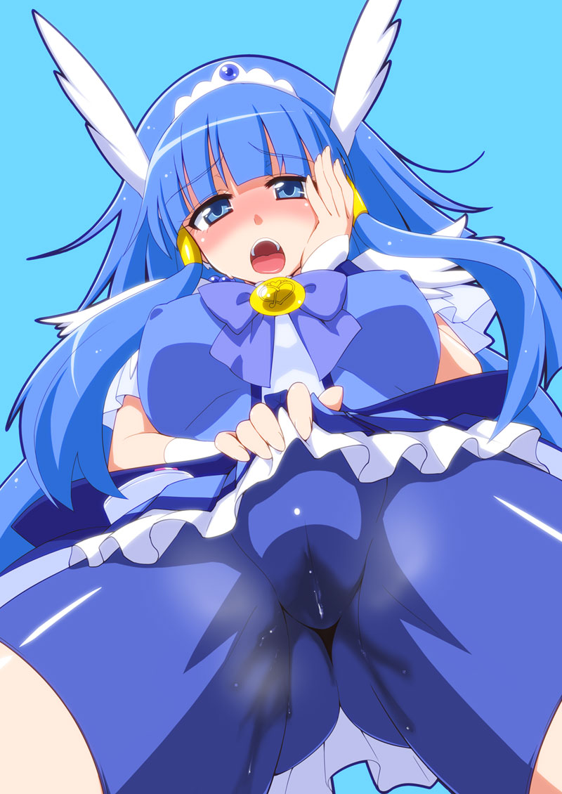 aoki_reika aqua_background bike_shorts blue_dress blue_eyes blue_hair blush cameltoe clothing cure_beauty dress dress_lift erect_nipples erect_nipples_under_clothes from_below hair_tubes hand_on_own_face head_wings long_hair looking_down magical_girl medium_breasts mikagami_sou open_mouth precure pretty_cure shorts simple_background smile_precure solo tiara wet wet_clothes wrist_cuffs