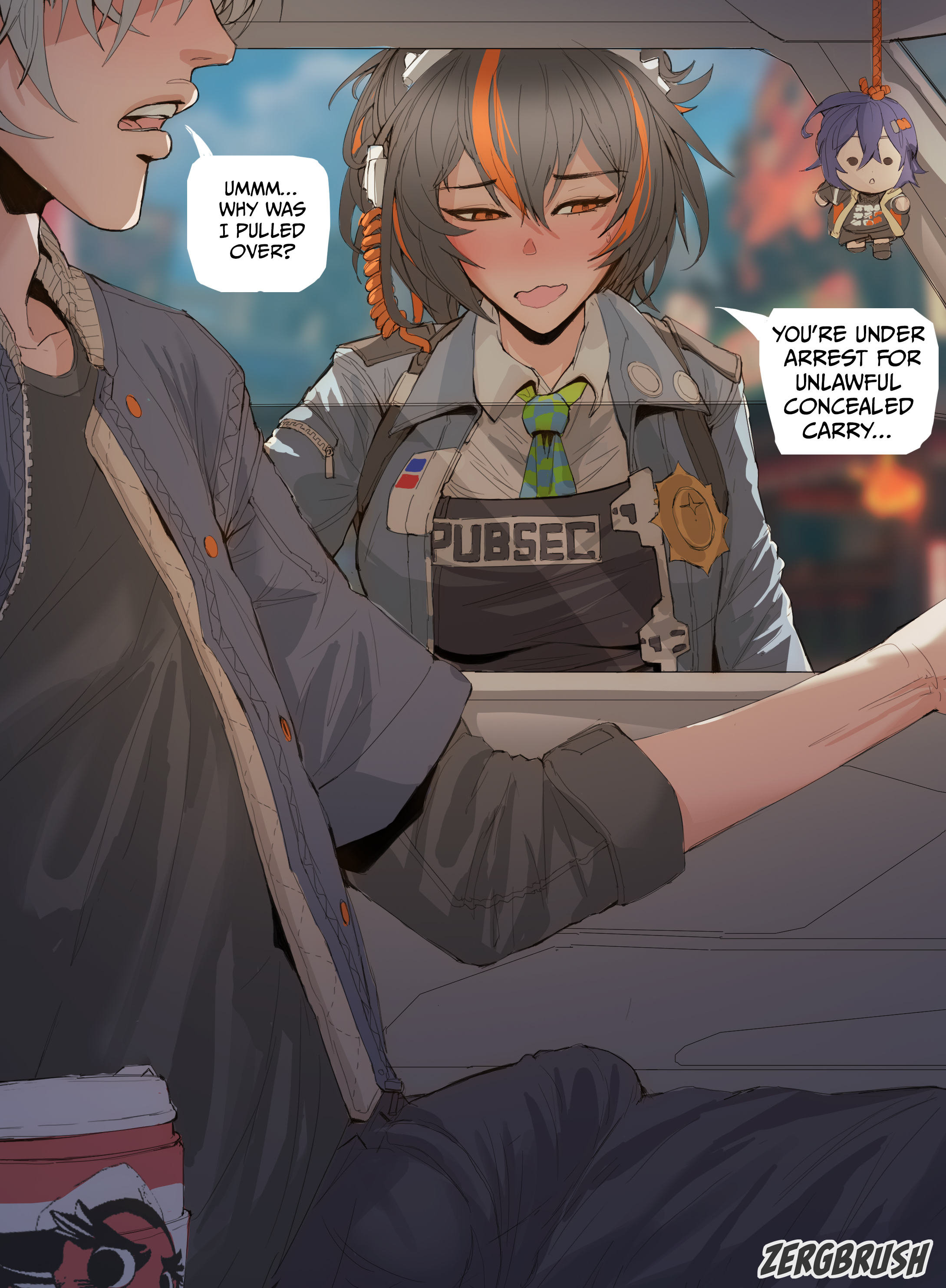 1boy, 1girls, blush, blushing, car, clothed, english text, female, light skin, light-skinned female, light-skinned male, male, multicolored hair, police, police uniform, policewoman, pulled over, text, text bubble, wise (zenless zone zero), zenless zone zero, zergbrush, zhu yuan