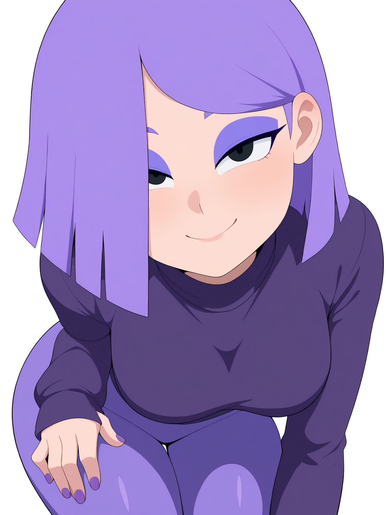 ai generated, at, background, breasts, clothed, clothing, duolingo, female, fingernails, focus, fully, hair, hips, human, light, light skin, lily (duolingo), looking, medium, only, pants, purple, skin, slim, small, smartphone, solo, teasing, thin, turtleneck, viewer, waist, white, wide, yoga