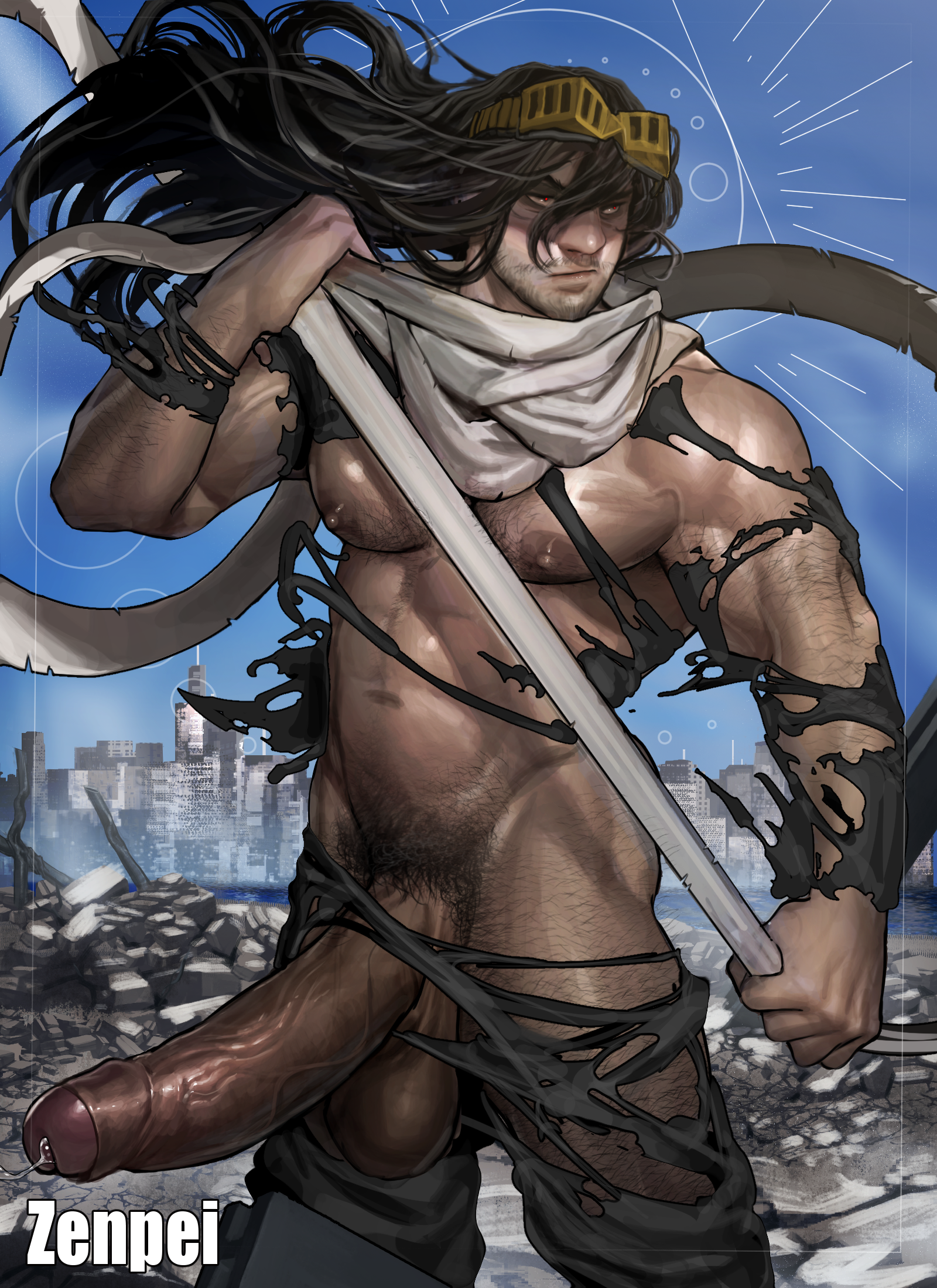 1boy, abs, aizawa shouta, ass, balls, bara, beard, beard stubble, biceps, big ass, big balls, big butt, big penis, black hair, boku no hero academia, boner, chest hair, chest tuft, detailed background, digital media (artwork), dilf, eraserhead, erection, foreskin, foreskin folds, gay, genital fluids, genitals, hairy, hairy male, hi res, highres, huge cock, long hair, male, male only, muscles, muscular, muscular chest, muscular male, my hero academia, naked, naked male, nipples, nude, nude male, pecs, penis, precum, precum drip, precum string, pubes, pubic hair, red eyes, ripped clothing, ripped pants, shouta aizawa, solo, solo focus, solo male, thick penis, uncircumcised, uncut, veiny muscles, veiny penis, yaoi, zenpei, zenpei4