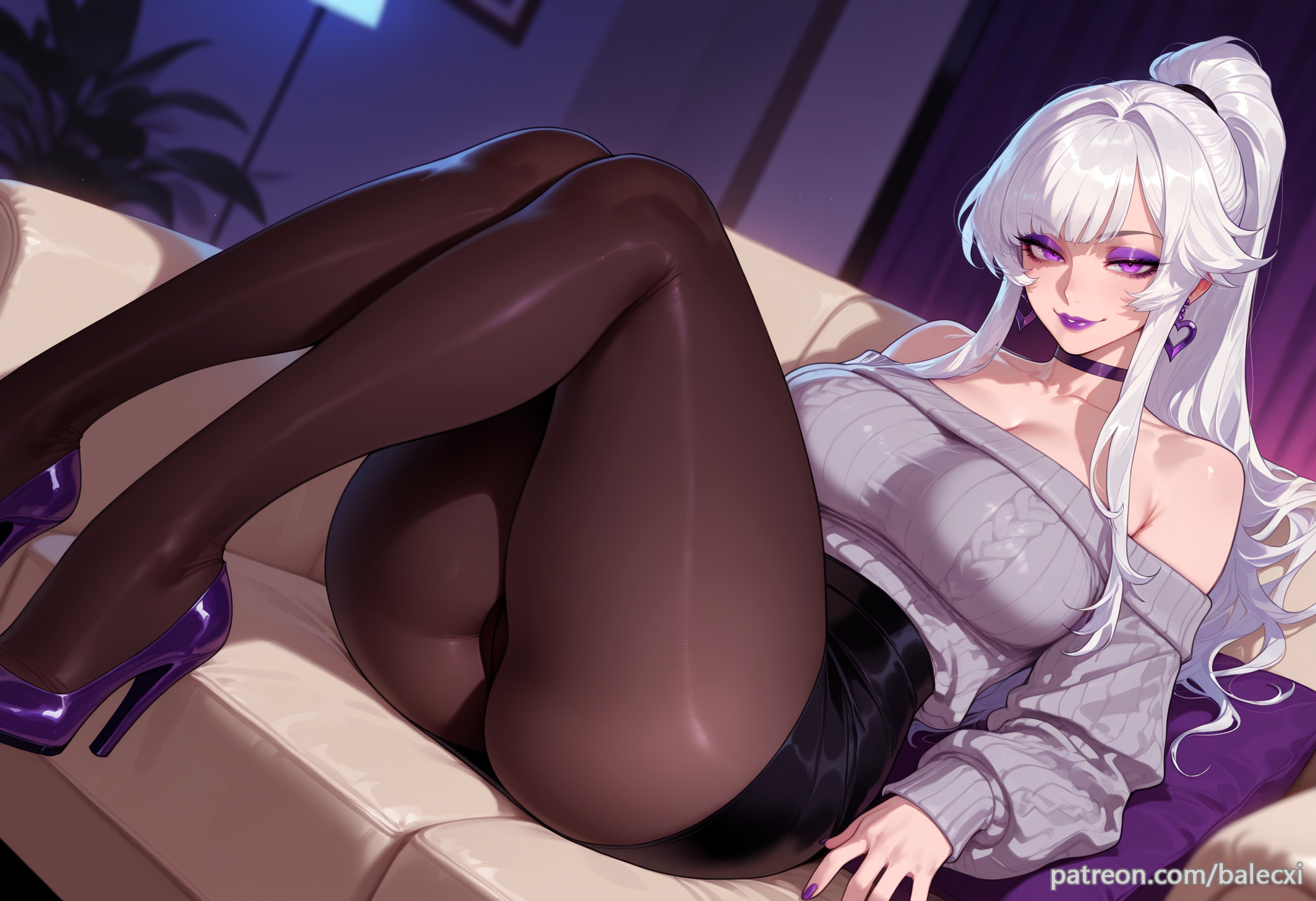 ai generated, ass, balecxi, bare shoulders, black skirt, breasts, choker, earrings, female, high heels, jewelry, large breasts, league of legends, long hair, looking at viewer, off shoulder, off-shoulder sweater, pantyhose, patreon username, pencil skirt, ponytail, purple eyes, purple lips, purple nails, solo, syndra, white hair