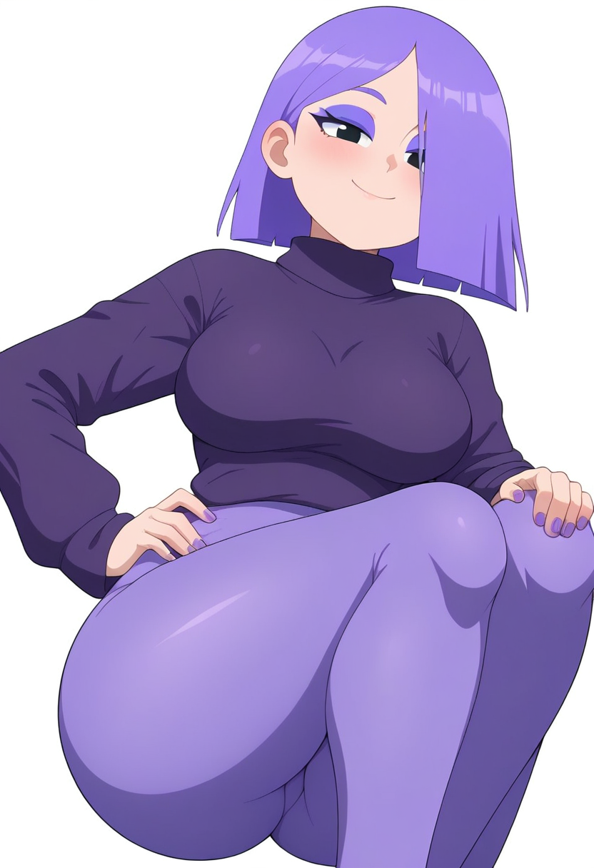 ai_generated at background breasts clothed clothing duolingo emo female fingernails focus fully girl hair hips human light light-skinned lily_(duolingo) looking medium only pants purple skin slim small smartphone solo teasing thin turtleneck viewer waist white wide yoga