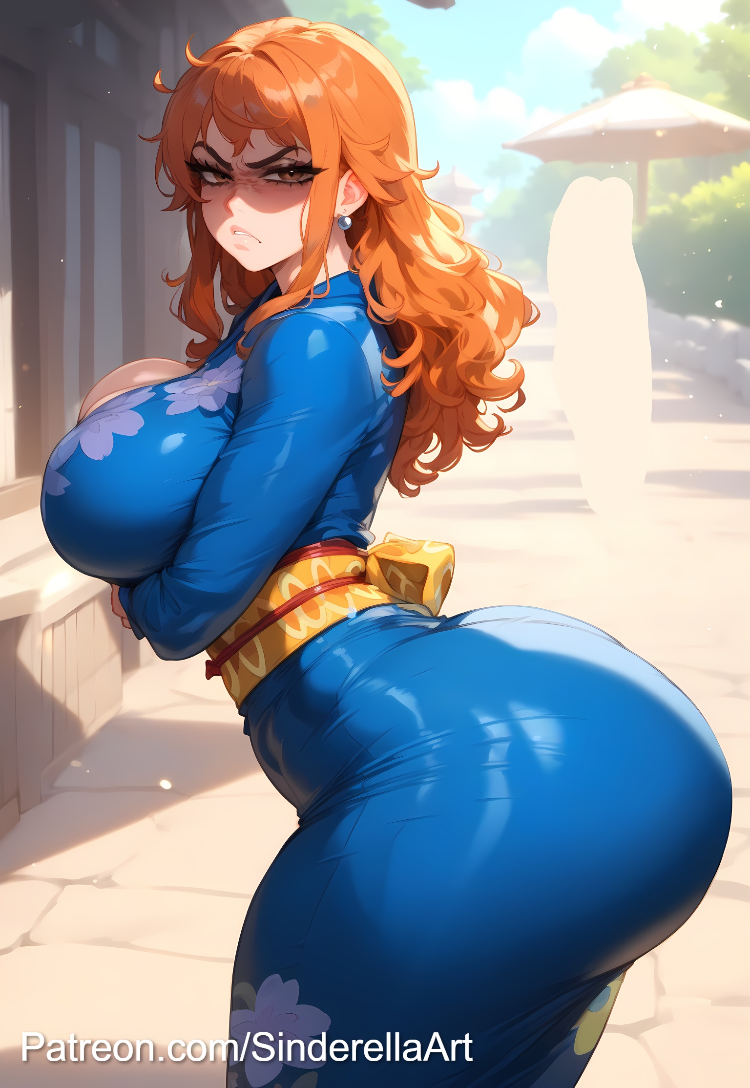 ai generated, angry, ass, blue kimono, breasts, busty, clothing, commission, crossed arms, female, female only, glaring at viewer, large ass, large breasts, nami (one piece), one piece, patreon, patreon url, patreon username, sinderellaart, thick, thick legs, thick thighs, voluptuous
