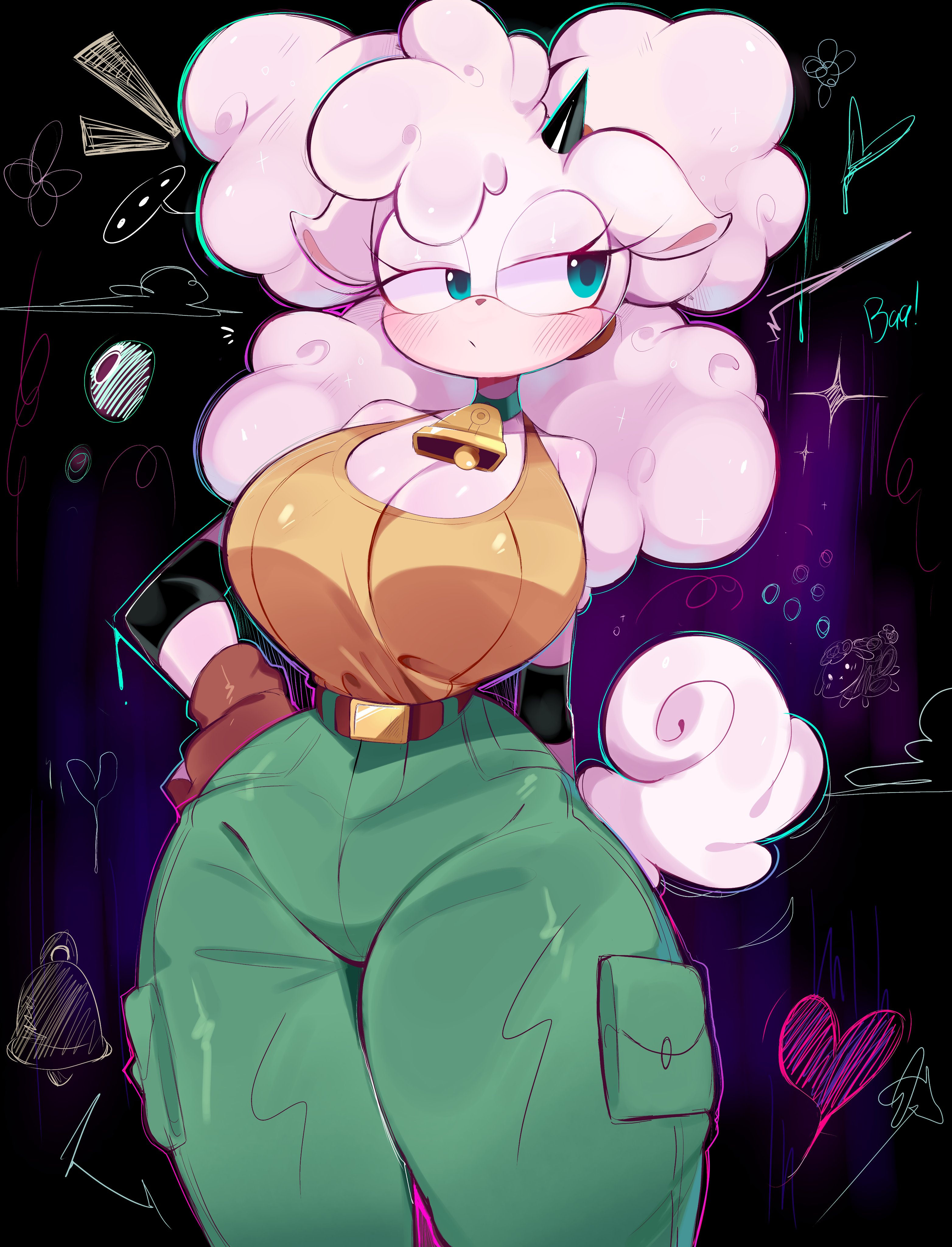 ..., bell, belt, blush, blush lines, breasts, cleavage, cowbell, female, heart, idw comics, idw publishing, lanolin the sheep, looking away, rox hoxten, sheep, sheep girl, sonic (series), sonic the hedgehog (idw), sonic the hedgehog (series), thick thighs, wide hips