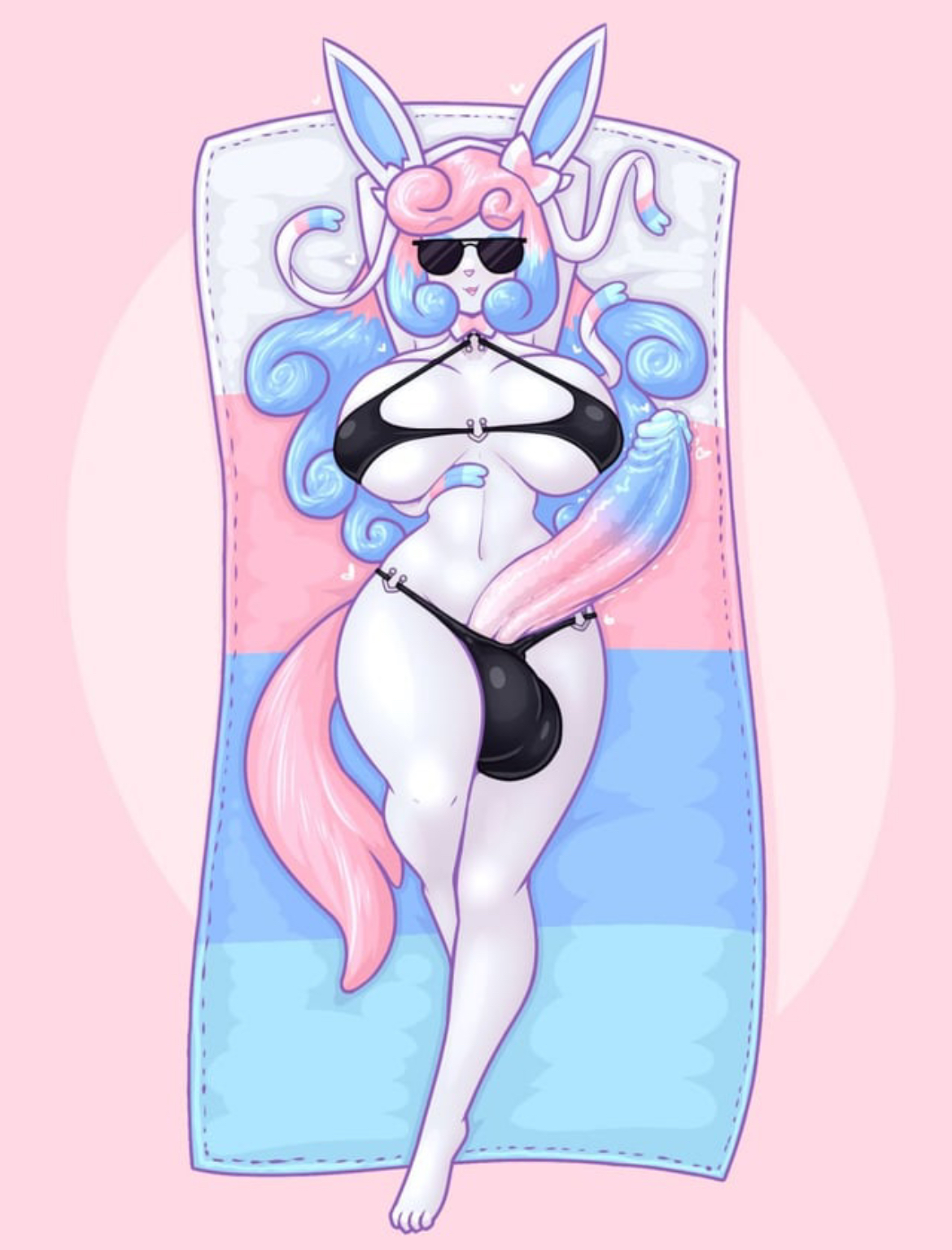 1futa, belly, belly button, dick, eeveelution, futa only, futanari, generation 6 pokemon, glasses, heart, ichigo (hoodielazer), intersex, limebreaker, long ears, multicolored hair, multicolored penis, on back, penis, pokémon (species), pokemon, pokemon (species), pokemon xy, simple background, solo, sylveon, tagme, tail, thick thighs