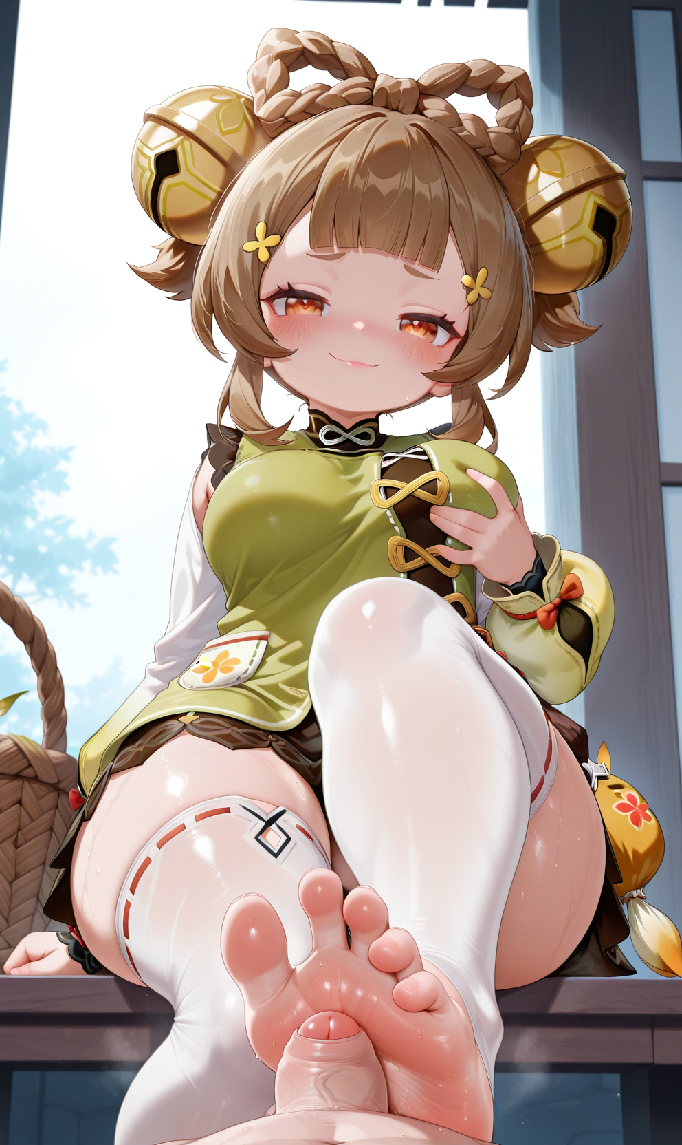 1girls aged_up ai_generated alternate_breast_size ass big_breasts brown_eyes brown_hair camellc feet female female_focus female_only foot_fetish foot_focus footjob genshin_impact glistening grabbing grabbing_own_breast large_ass large_breasts legs legwear lips nipples sweat sweaty teasing thick_thighs thighs toes yaoyao_(genshin_impact)