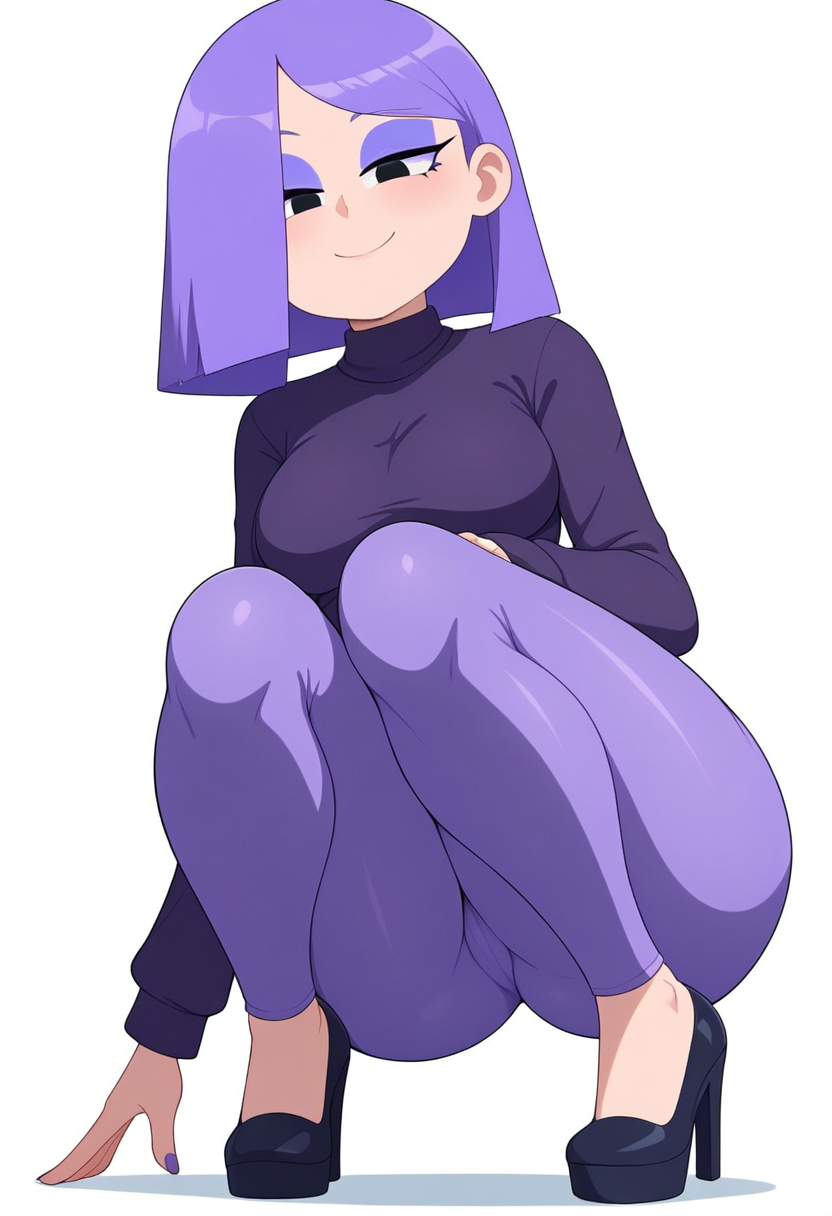 ai_generated at background breasts clothed clothing duolingo emo female fingernails focus fully girl hair hips human light light-skinned lily_(duolingo) looking medium only pants purple skin slim small smartphone solo teasing thin turtleneck viewer waist white wide yoga