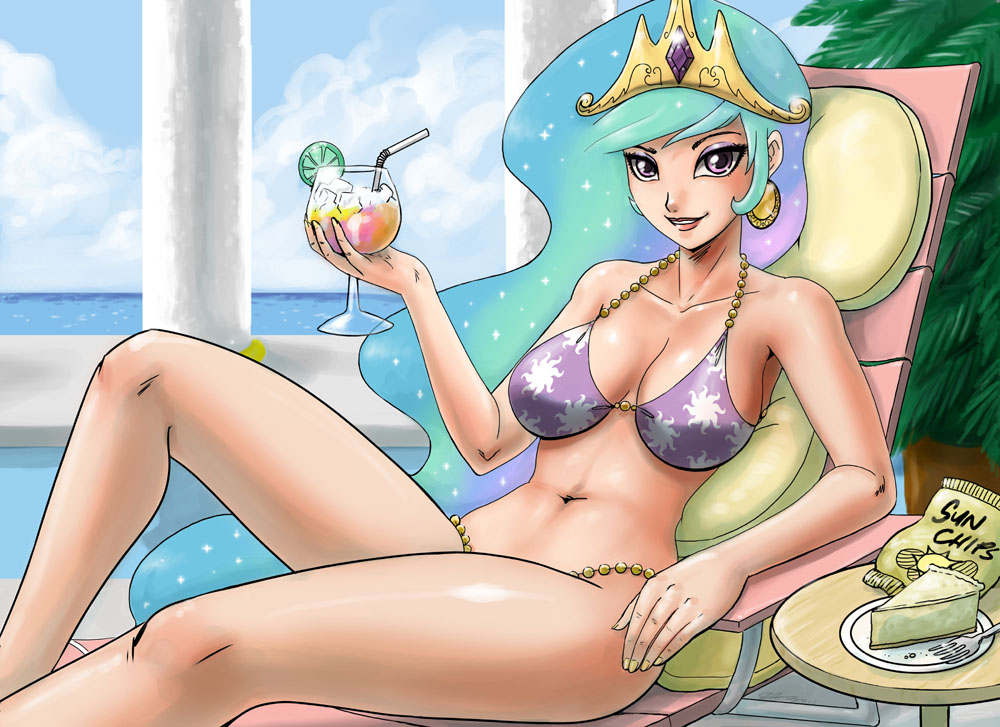 bikini blue_hair chair crown cup drink earrings friendship_is_magic glass human humanized john_joseco long_hair looking_at_viewer makeup multicolored_hair my_little_pony nail_polish princess_celestia_(mlp) purple_eyes smooth_skin