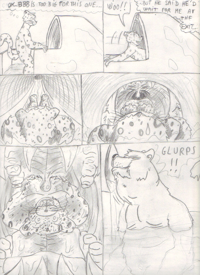 anthro bear belly big_bad_bear bigbadbear comic dialogue duo feet_first felid forced graphite_(artwork) jaguar long_tail male male/male mammal nude nude_pred nude_prey open_mouth oral_vore pantherine sharp_teeth shocked size_difference slide speech_bubble swallowing tail teeth thought_bubble tongue traditional_media_(artwork) trick tricked unwilling_prey uvula vore water water_slide