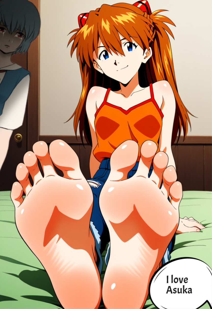 2girls asuka_langley_sohryu barefoot bed blue_eyes blue_hair cheating crying cuckquean door feet female foot_fetish foot_focus happy humiliation jeans long_hair looking_at_viewer lying neon_genesis_evangelion orange_hair orange_tank_top rei_ayanami ripped_clothing ripped_jeans short_hair smile smiling_at_viewer smug smug_smile soles tank_top tears teasing toes tsundere