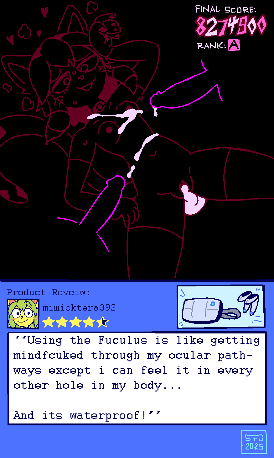 after_sex anthro bodily_fluids boki_lamira breasts copy_kitty cum cum_inside cum_on_belly cum_on_body cum_on_breasts disembodied_penis domestic_cat felid feline felis female genital_fluids genitals group hi_res high_score male male/female mammal navel penis review stu_(artist) text trio virtual_reality