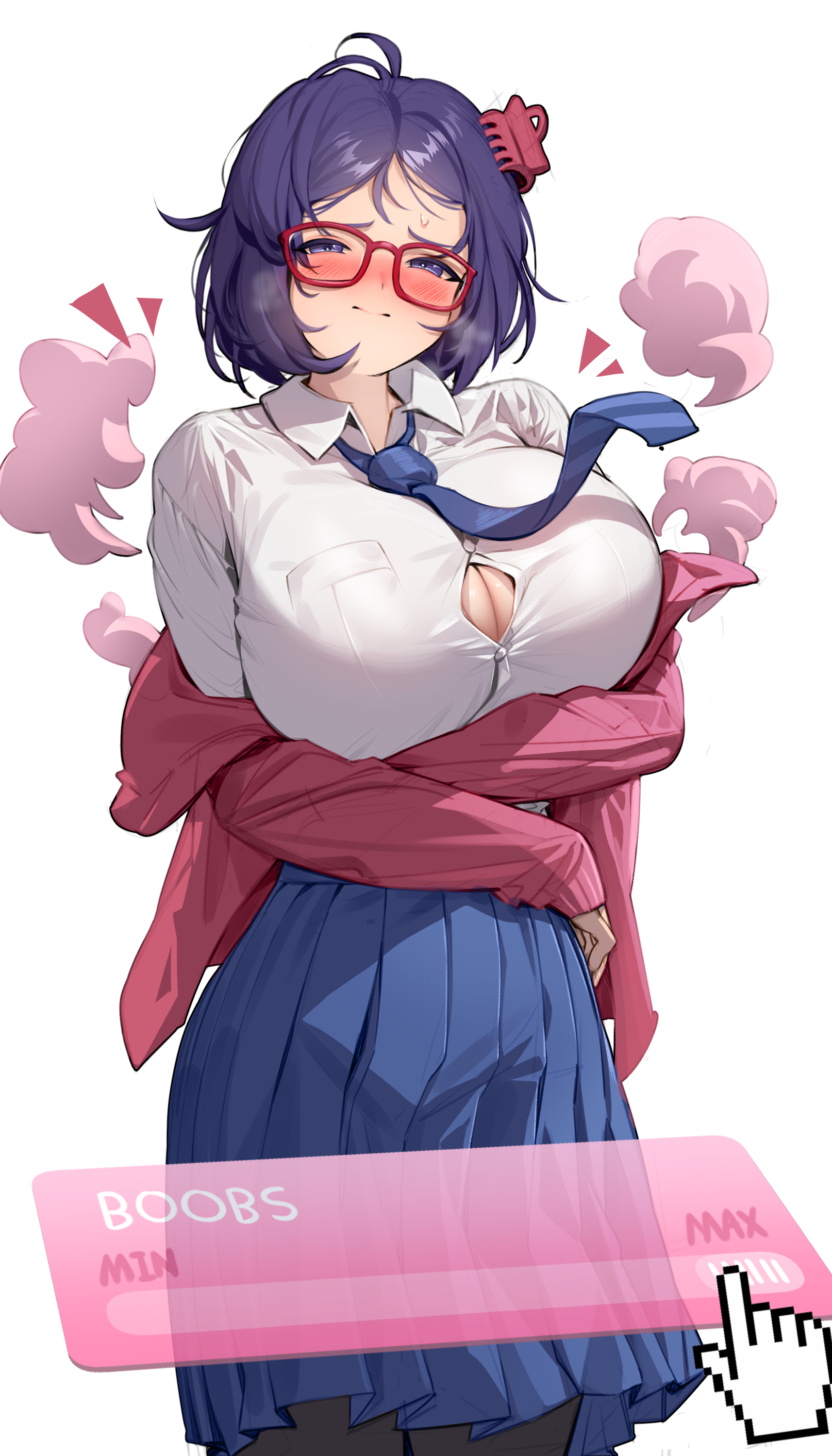1girls, 1other, ambiguous gender, attribute slider, big breasts, blush, breast expansion, breast growth, breast growth (enlargement), breasts, breasts bigger than head, bursting breasts, button down shirt, cleavage, cleavage cutout, cleavage window, expansion, female, gigantic breasts, glasses, growth, growth drive, implied expansion, leggings, light skin, light-skinned female, looking at viewer, mila (miside), miside, mouse cursor, necktie, papero, purple eyes, purple hair, shirt, skirt, slider, slider (control), tie