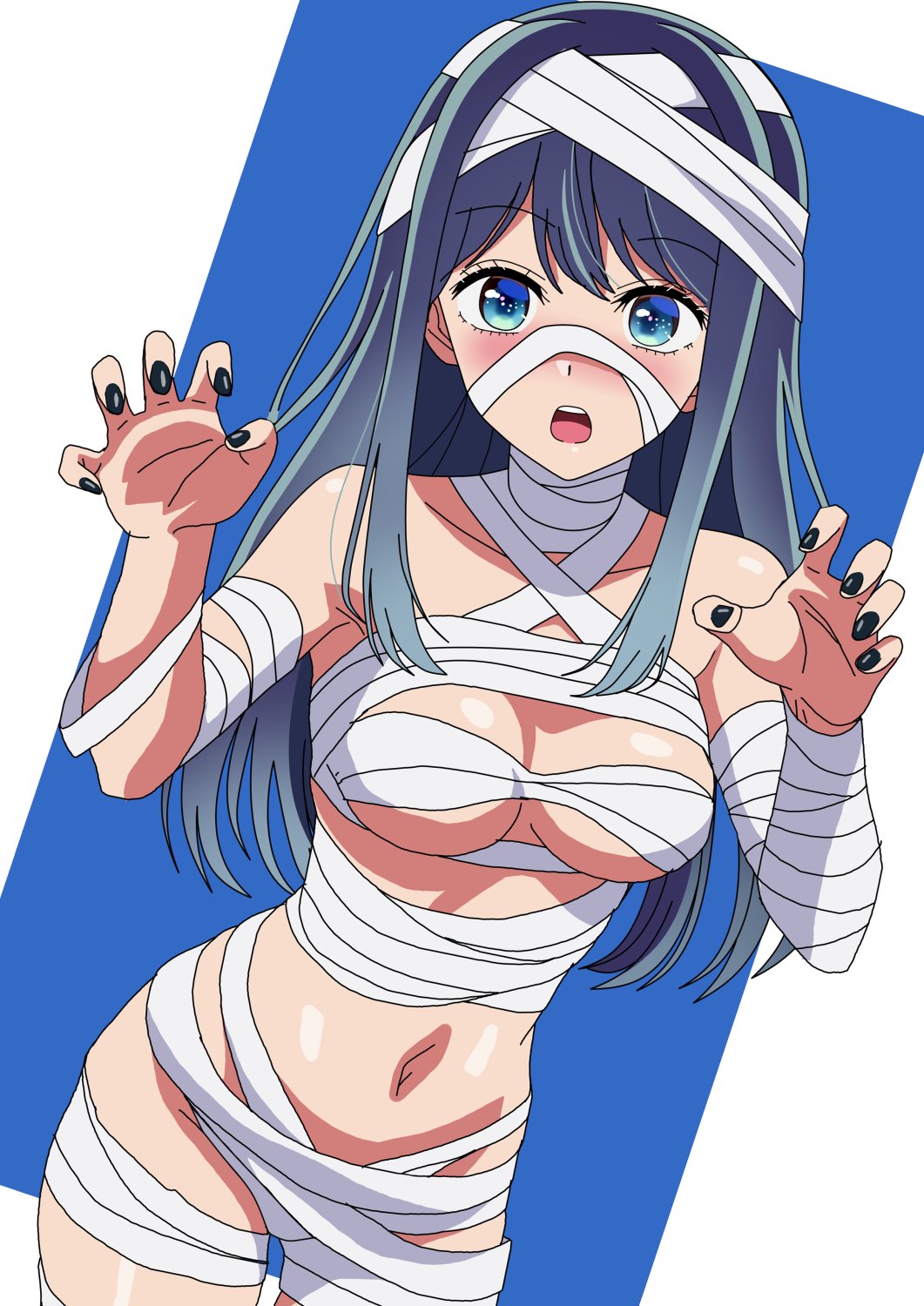 bandaged arm, bandaged head, bandaged leg, bandaged torso, bandages, bare shoulders, black nails, blue background, blue eyes, blue hair, blush, breasts, claw pose, costume, dutch angle, embarrassed, eyelashes, female, halloween, halloween costume, hands up, highres, kurokawa akane, leaning forward, long hair, looking at viewer, loose bandages, medium breasts, midriff, mummy, mummy costume, nail polish, navel, open mouth, oshi no ko, rectangle, riokasen, solo, standing, w arms, white background