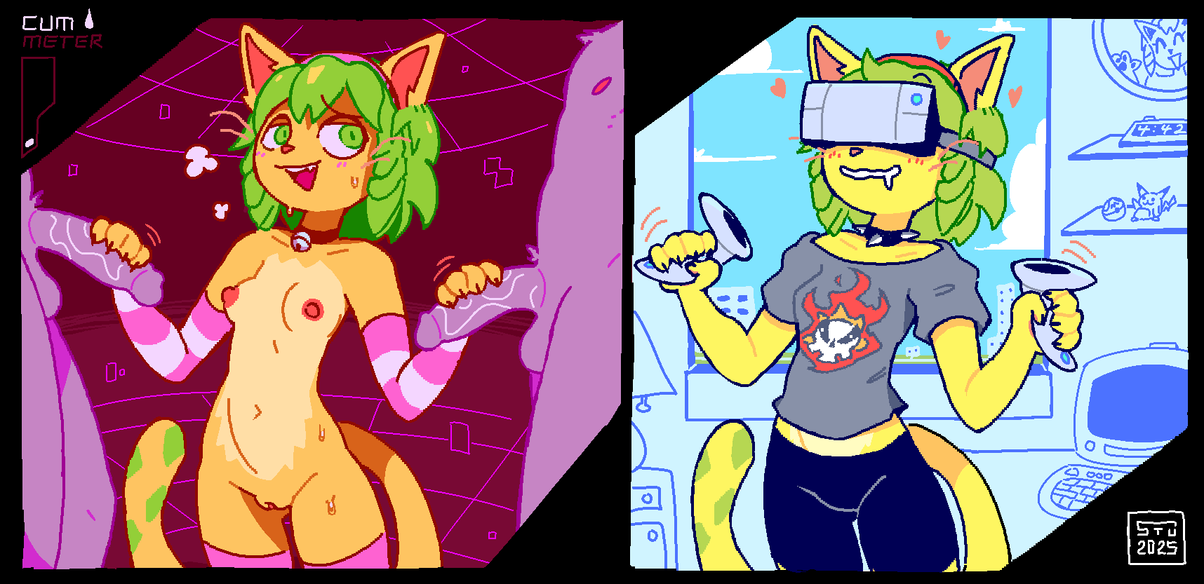 anthro boki_copy_kitty breasts domestic_cat double_handjob drooling felid feline felis female genitals group half-erect handjob hi_res male male/female mammal navel penile penis pussy sex smile stu_(artist) trio virtual_reality vr_headset