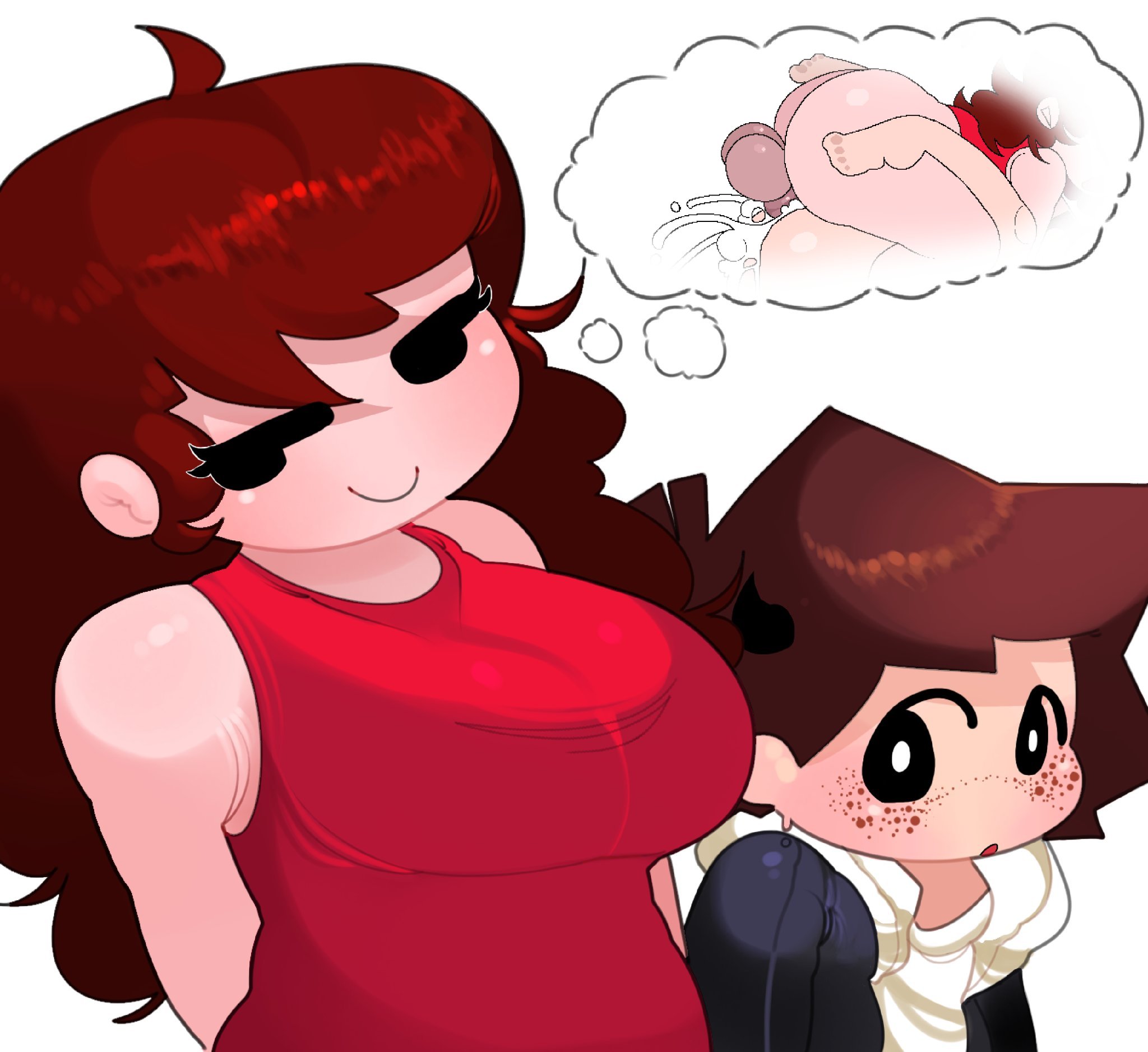 2d, ass, ass focus, ass up, balls, balls deep, ballsack, black eyes, blush, brown hair, cock, cum, cumshot, dani (danielito), danielito, dick, freckles, freckles on face, friday night funkin, futa on male, futa/male, futanari, gay, girlfriend (friday night funkin), imagining, intersex, legs, legs up, light skin, light-skinned male, long hair, lprs, male, male penetrated, male/futa, marsdesires, mating press, original, penetration, penis, red dress, red hair, sex, thought bubble, white eyes