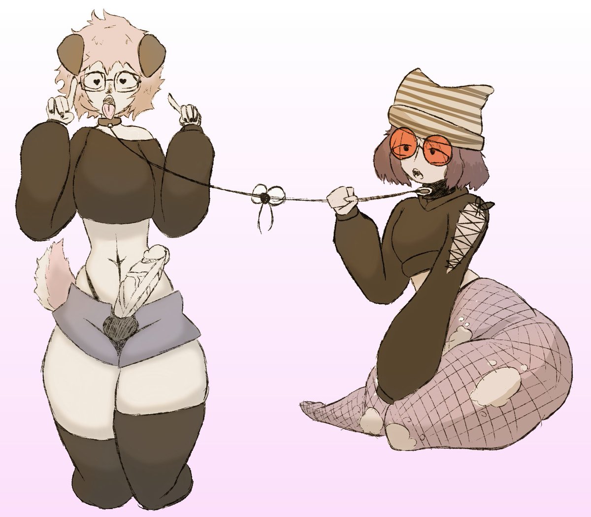 champi (oc), clothed, connected collars, couple, couple (romantic), gooring, gooring (oc), leash, leashed, leashed collar, puppy, puppyplay, short shorts, thighhighs