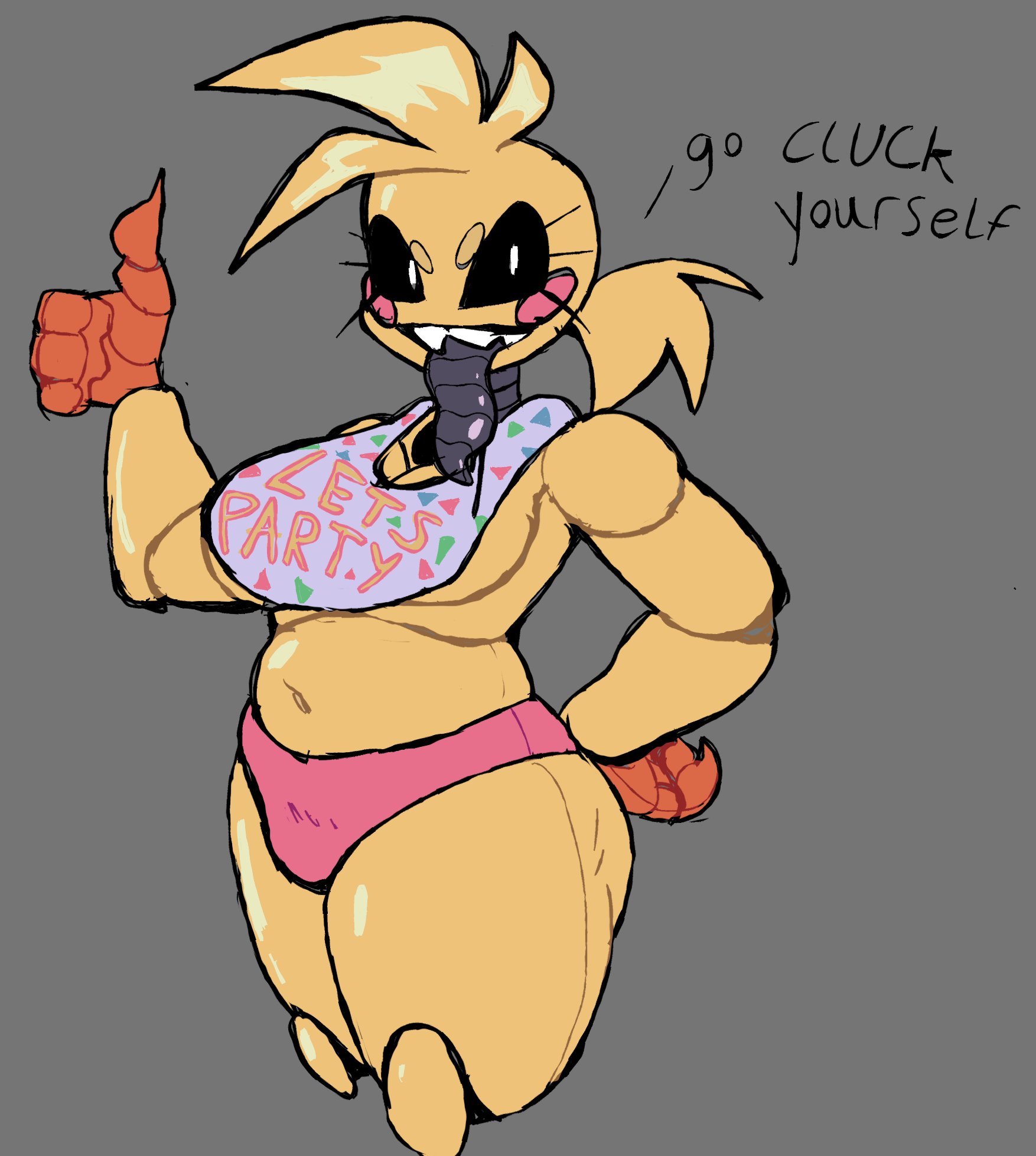 aaaaaron122, animatronic, anthro, avian, bib, bird, breasts, chicken, cleavage, clothed, clothing, digital drawing (artwork), digital media (artwork), english text, female, five nights at freddy's, five nights at freddy's 2, galliform, gallus (genus), gesture, grey background, grey tongue, hand gesture, hand on hip, hi res, long tongue, machine, navel, non-mammal breasts, non-mammal navel, panties, phasianid, pink clothing, pink panties, pink underwear, raised finger, raised index finger, robot, robot anthro, scottgames, sharp teeth, simple background, smile, smiling at viewer, solo, talking to viewer, teeth, text, thick thighs, tongue, toy chica (fnaf), underwear