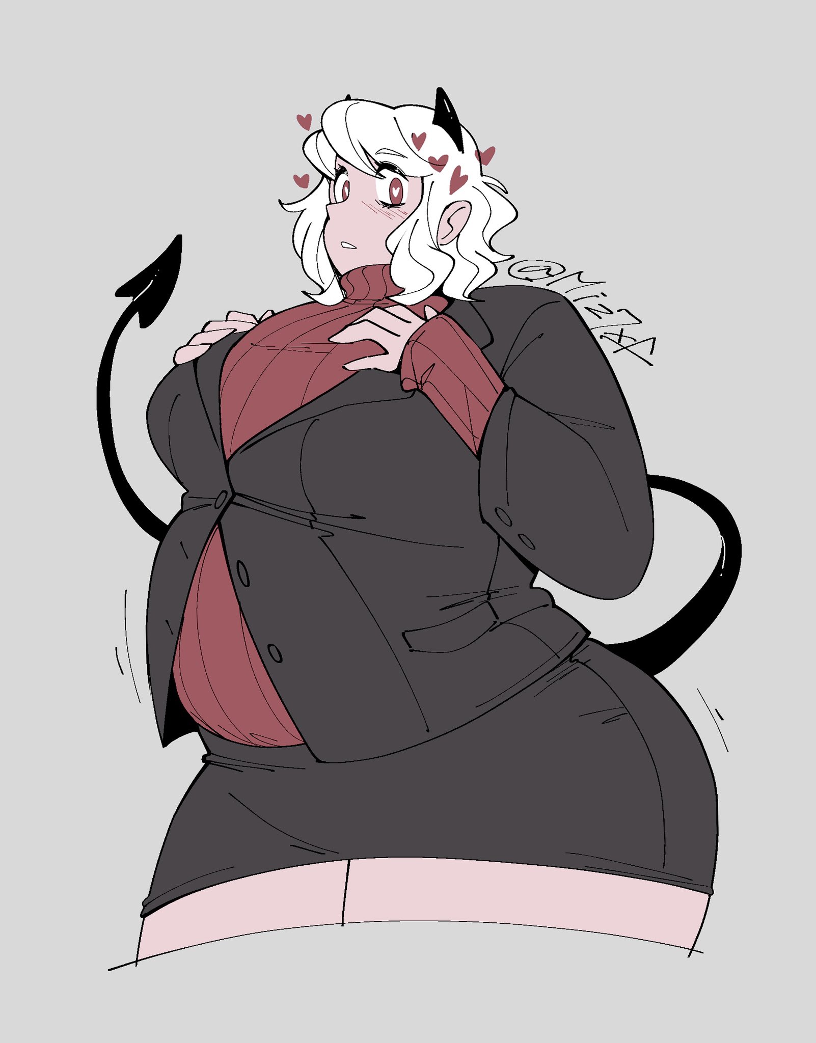1girls, alternate body type, alternate breast size, big breasts, blush, breasts, child bearing hips, chubby, demon, demon girl, female, fully clothed, heart, helltaker, miz7xf, modeus (helltaker), white hair
