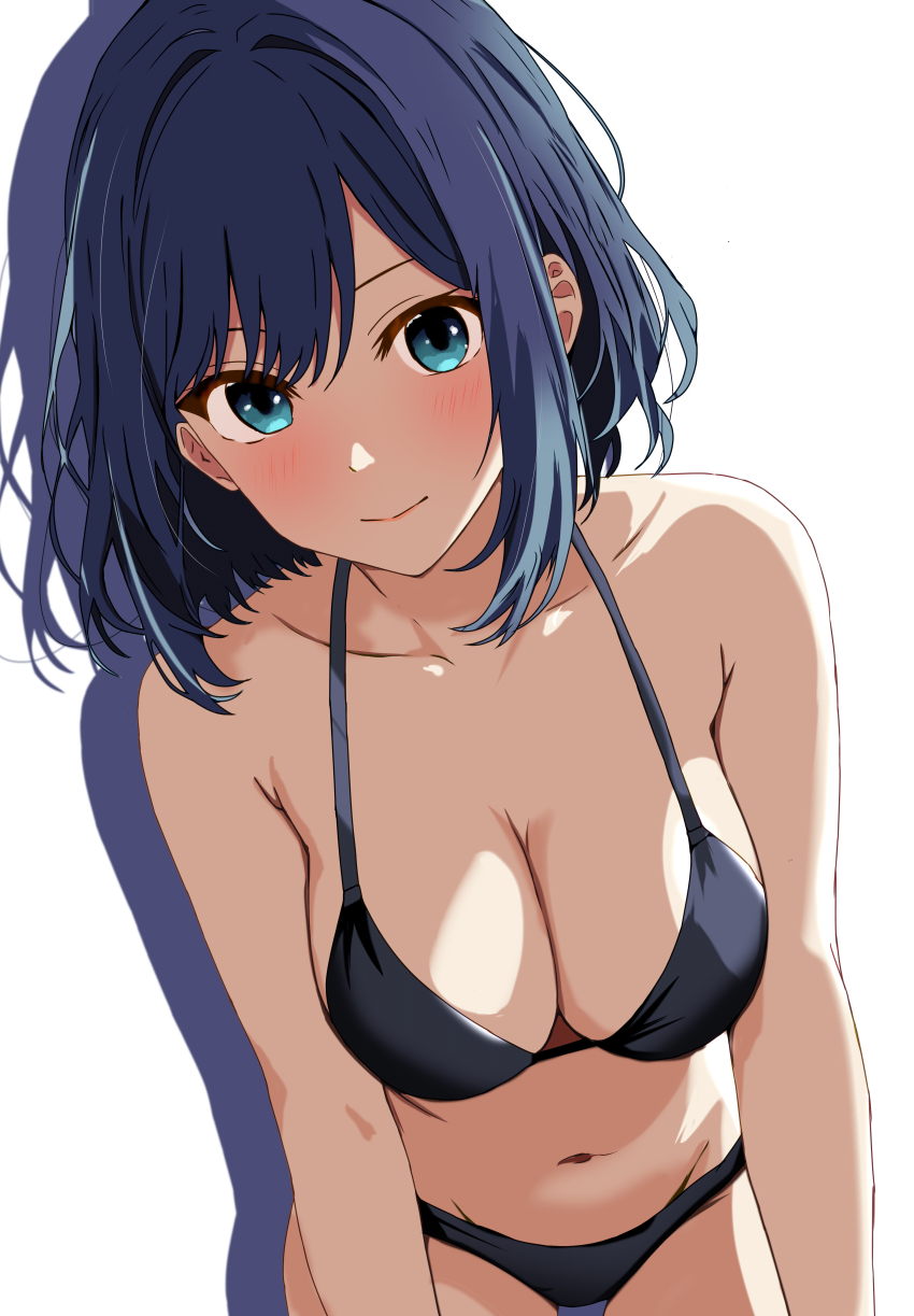 absurdres, bikini, blue bikini, blue eyes, blue hair, blush, breasts, cleavage, closed mouth, collarbone, commentary request, female, highres, kurokawa akane, large breasts, leaning forward, long hair, medium hair, navel, oshi no ko, simple background, smile, solo, swimsuit, tetsuado, white background