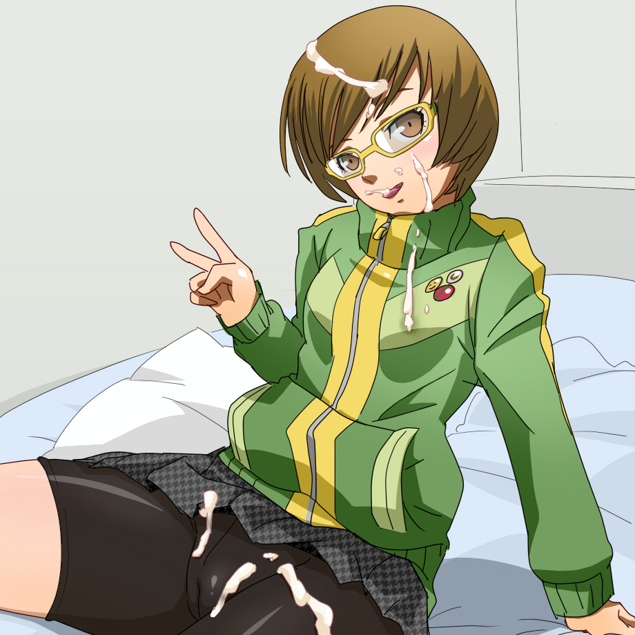 bed bike_shorts brown_eyes brown_hair cameltoe cum cum_on_body cum_on_clothes cum_on_hair cum_on_lower_body facial female glasses head_tilt houndsteeth licking_lips looking_at_viewer nyarimia on_bed persona persona_4 pillow satonaka_chie short_hair sitting skirt solo track_jacket v