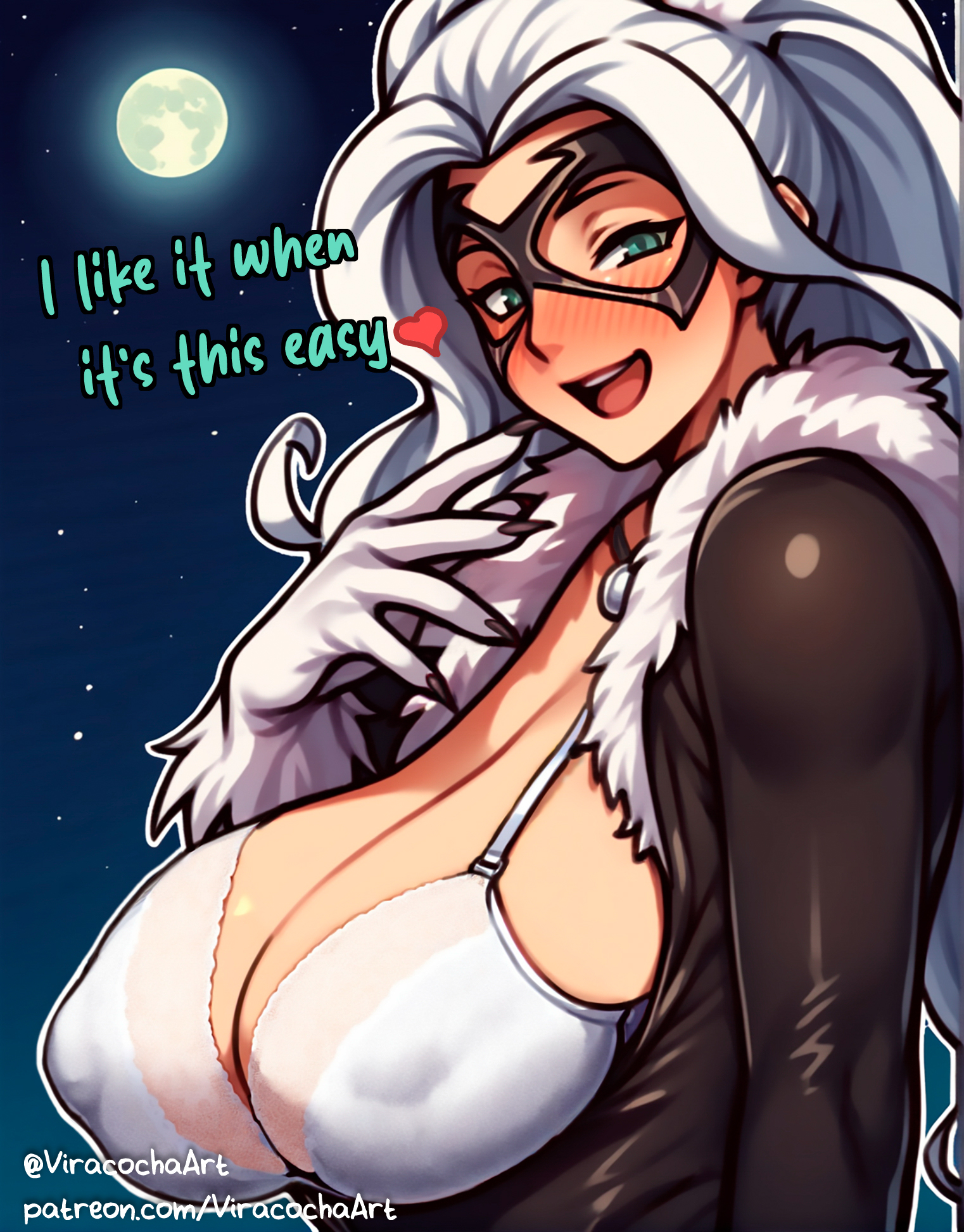 ai assisted, ai generated, big breasts, black cat (marvel), breasts, digital drawing (artwork), felicia hardy, female, huge breasts, marvel, marvel comics, nipples visible through clothing, spider-man (series), thief, underwear, viracochaart, white female, white hair