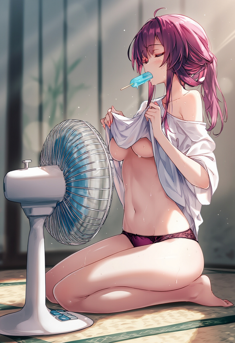 1girls, ai generated, breasts, breasts out, closed eyes, daytime, fan, female, female only, honkai: star rail, kafka (honkai: star rail), on floor, panties, popsicle in mouth, raaicave, shoulders, sitting, sweating