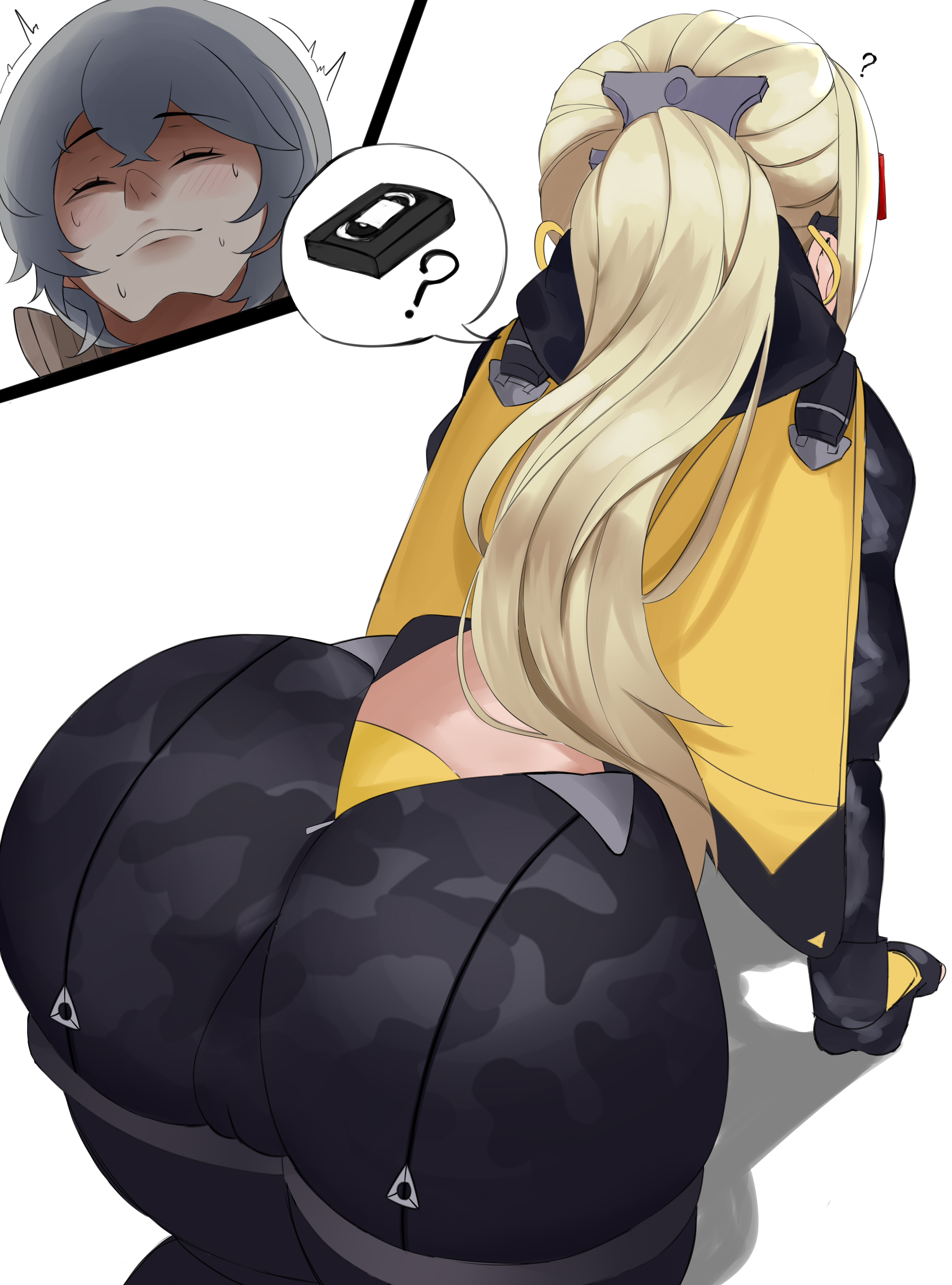 1boy, 1girls, all fours, ass, ass focus, big ass, blonde hair, bottom heavy, bubble ass, bubble butt, clothing, fat ass, female, grey hair, huge ass, large ass, looking at ass, male, massive ass, rear view, searching, thick ass, thick thighs, thunder thighs, trigger (zenless zone zero), video tape, vinsaint, visor, white background, wide hips, wise (zenless zone zero), zenless zone zero