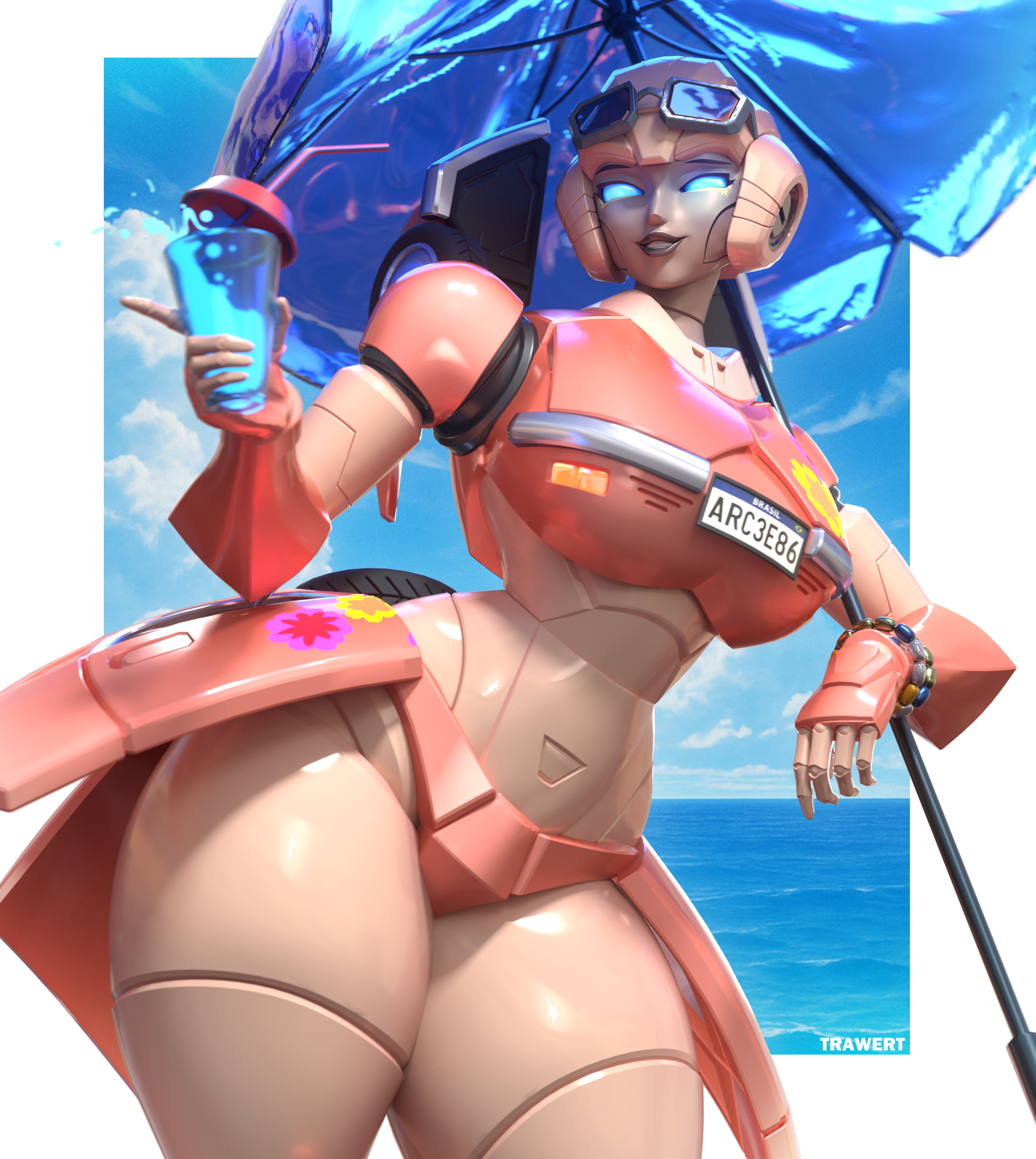 1girls, 3d, arcee, arcee (g1), artist name, beach, blue eyes, brazilian arcee (freakyyto), curvy, drink, female, female only, looking at viewer, mechanical, metallic body, panties, pink panties, robot, robot girl, robot humanoid, smile, sunglasses, sunglasses on head, thick thighs, transformers, transformers g1, trawert, umbrella