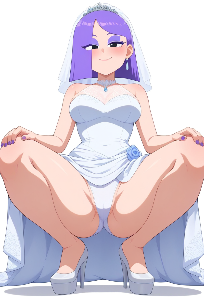 ai_generated at background breasts bride clothed clothing duolingo emo female fingernails focus fully girl hair hips human light light-skinned lily_(duolingo) looking medium only purple skin slim small smartphone solo squatting teasing thin viewer waist wedding wedding_dress white wide