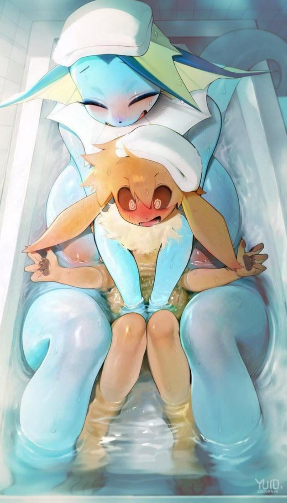 1boy, 1girls, bathing together, bathroom, bathtub, big breasts, blushing, breasts, eevee, eeveelution, female, furry, implied handjob, male, pokemon, pokemon (species), shorter male, size difference, smaller male, tagme, tail, taller female, thick thighs, towel on head, vaporeon, yuio, yuio58ok