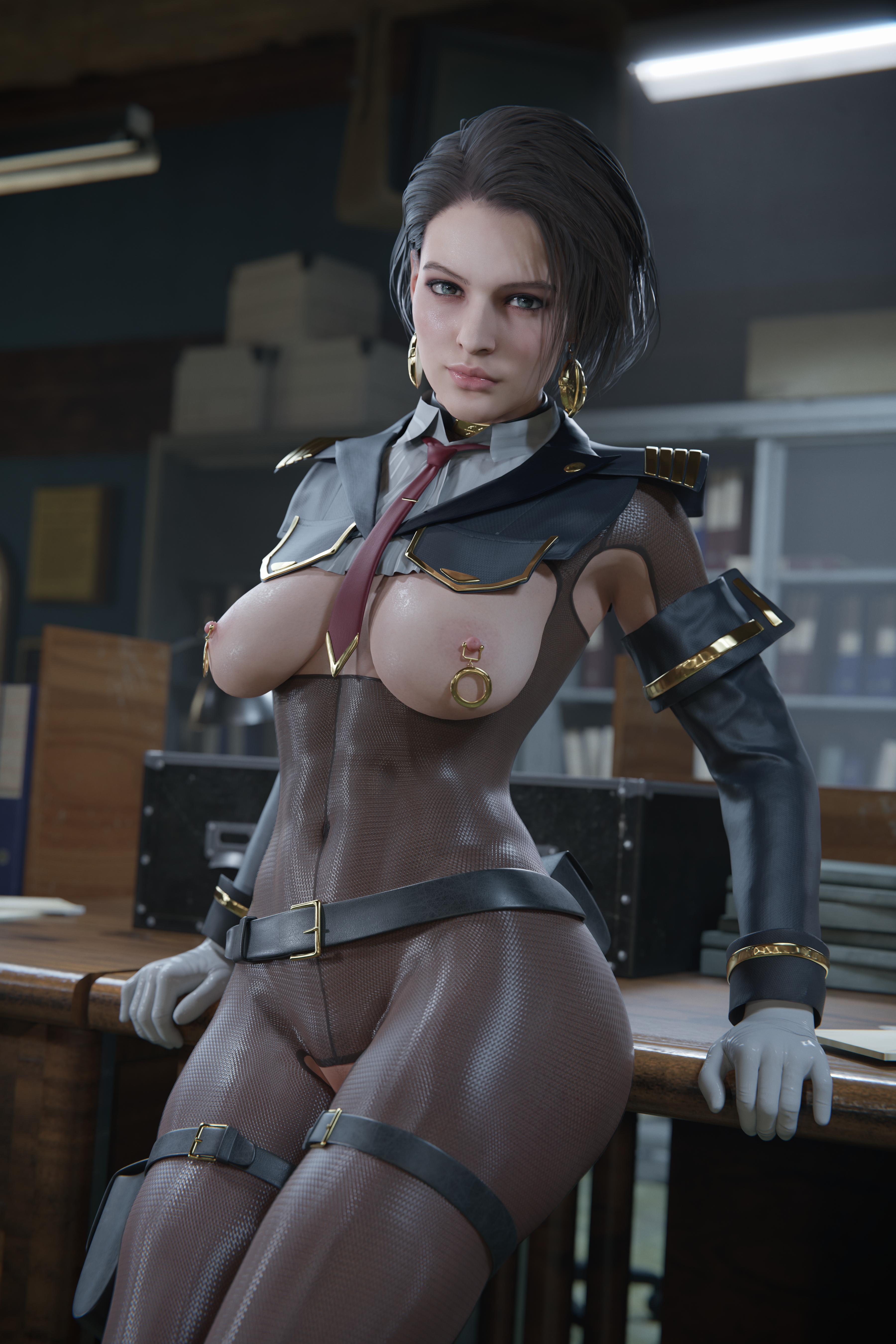 3d, armpit cutout, armpits, belt, belt buckle, bodysuit, breast cutout, breasts, breasts out, brown hair, choker, earrings, female, female focus, gloves, jill valentine, leaning against object, leaning back, military uniform, nipple piercing, nipples, pierced nipples, piercing, pubic hair, pussy, pussy cutout, red tie, resident evil, solo, solo focus, strauzek, tagme, thigh strap, white gloves