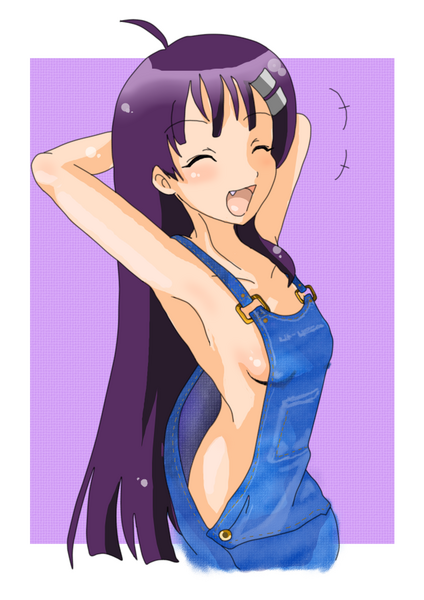 armpits breasts cute_fang female flat_chest hair_ornament hairclip happy kiyal_bachika long_hair naked_overalls overalls purple_hair sideboob solo tengen_toppa_gurren-lagann tengen_toppa_gurren_lagann