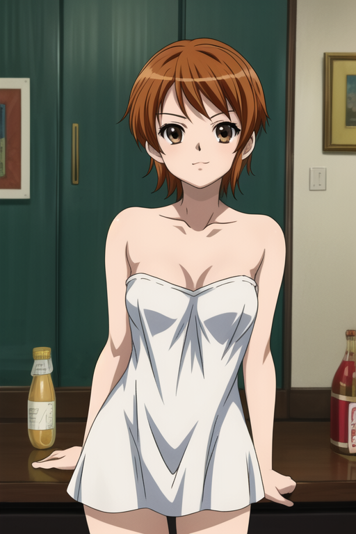1girls :3 ai ai_generated black_eyebrows breasts brown_eyes clothing dress female female_focus female_only looking_at_viewer nami_(classic) nami_(one_piece) one_piece orange_hair pre_timeskip quinzo11 self_upload short_hair shounen_jump small_breasts standing standing_female suzumiya_haruhi_no_yuuutsu_art_style toei_animation white_dress